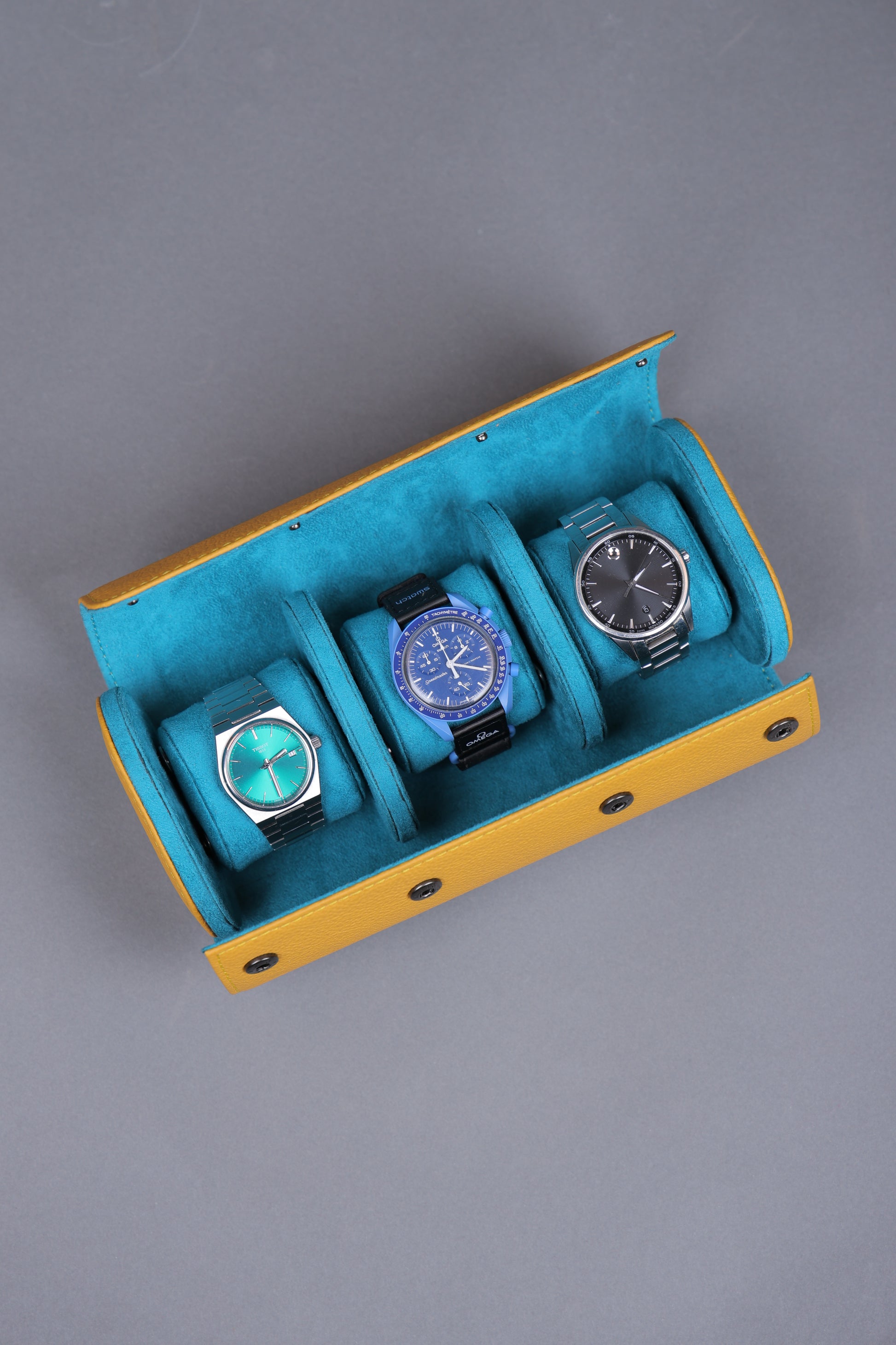 AMBER EXTERIOR TURQUOISE INTERIOR WATCH ROLL- 3 SLOT