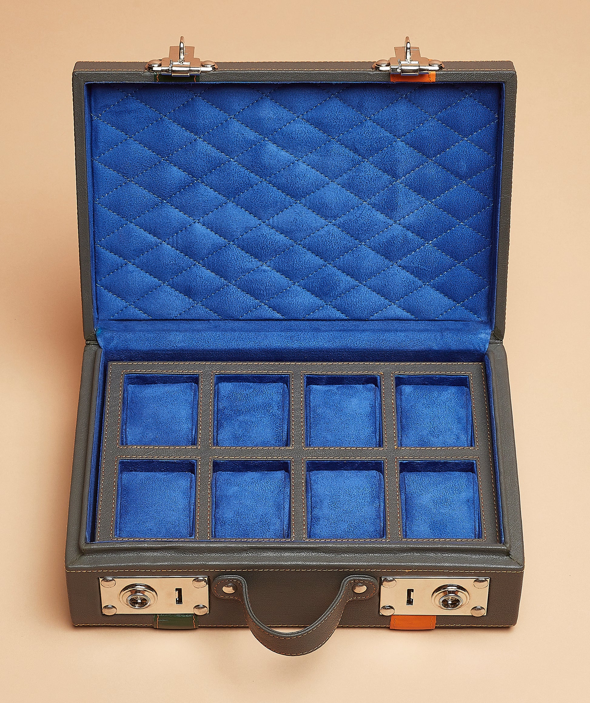 8-Slot Dual-Tone Leather Watch Case – Charcoal Grey with Royal Blue Interior