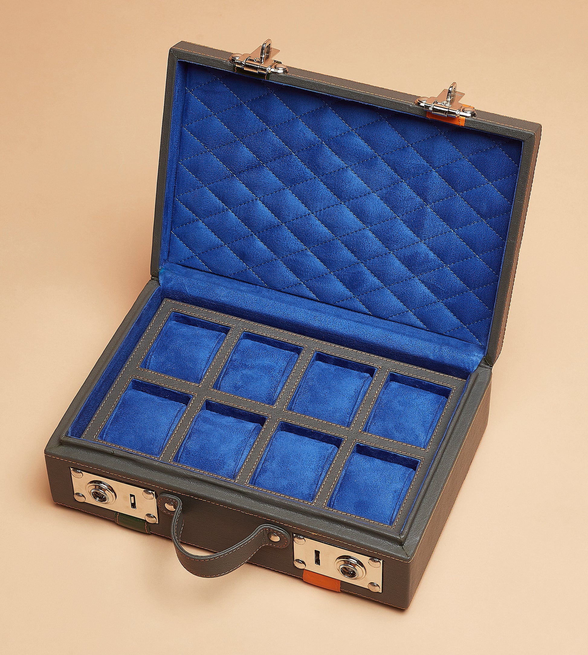 8-Slot Dual-Tone Leather Watch Case – Charcoal Grey with Royal Blue Interior