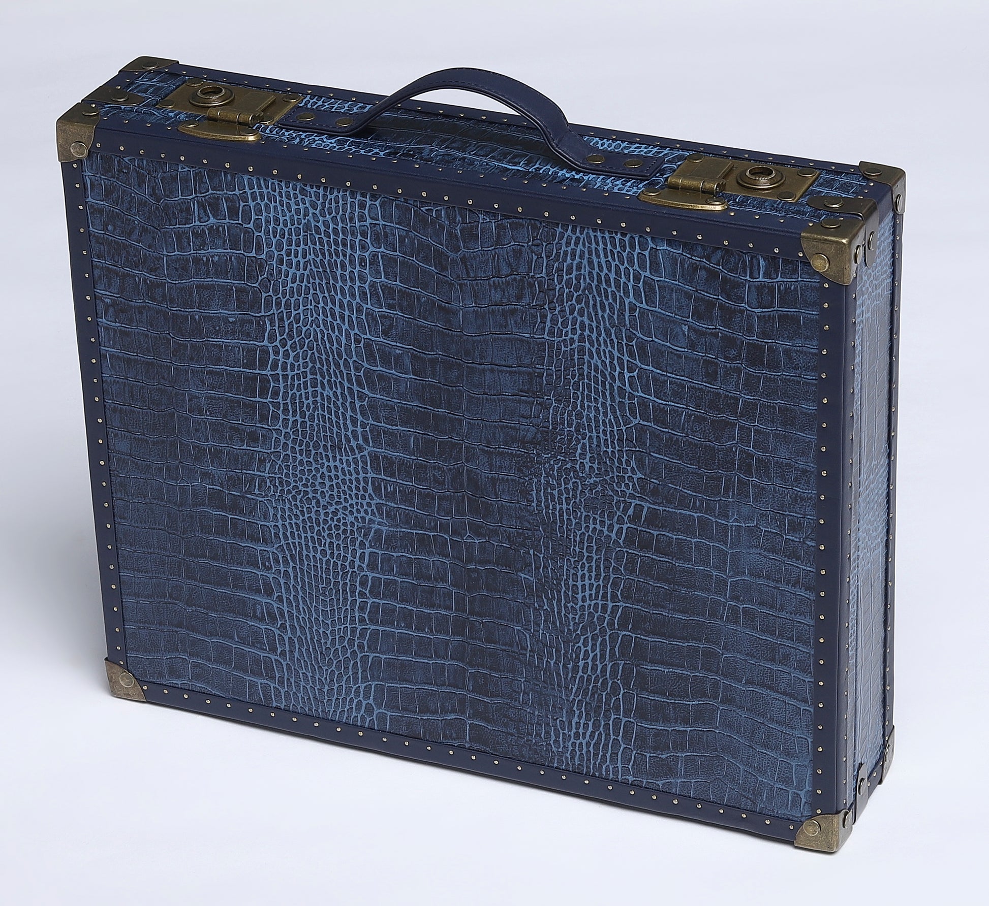 24-Slot Croc-Embossed Leather Watch Case – Midnight Blue with Antique Brass Accents