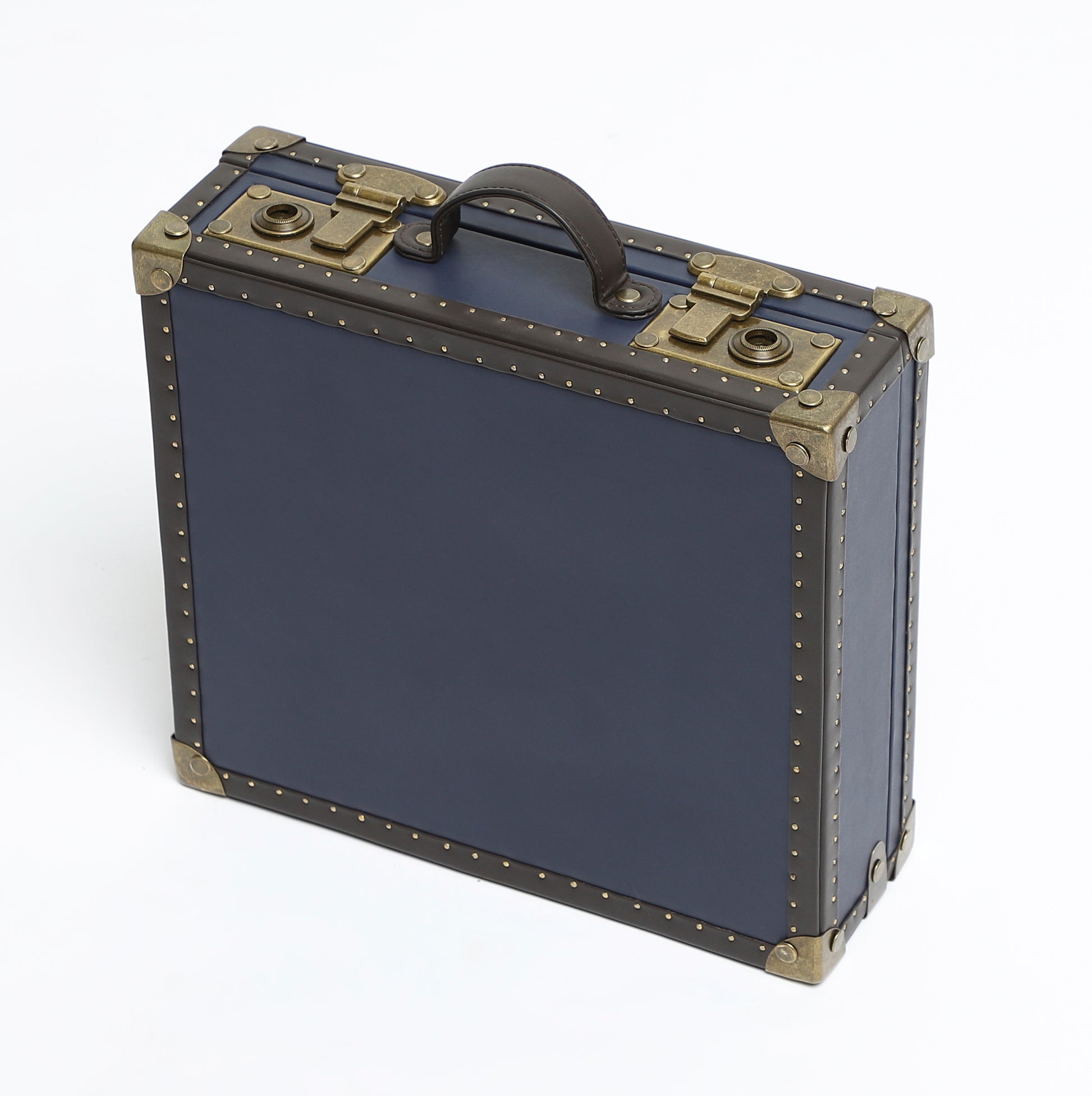 12-Slot Navy Blue Leather Watch Case – Quilted Suede Interior with Antique Brass Detailing