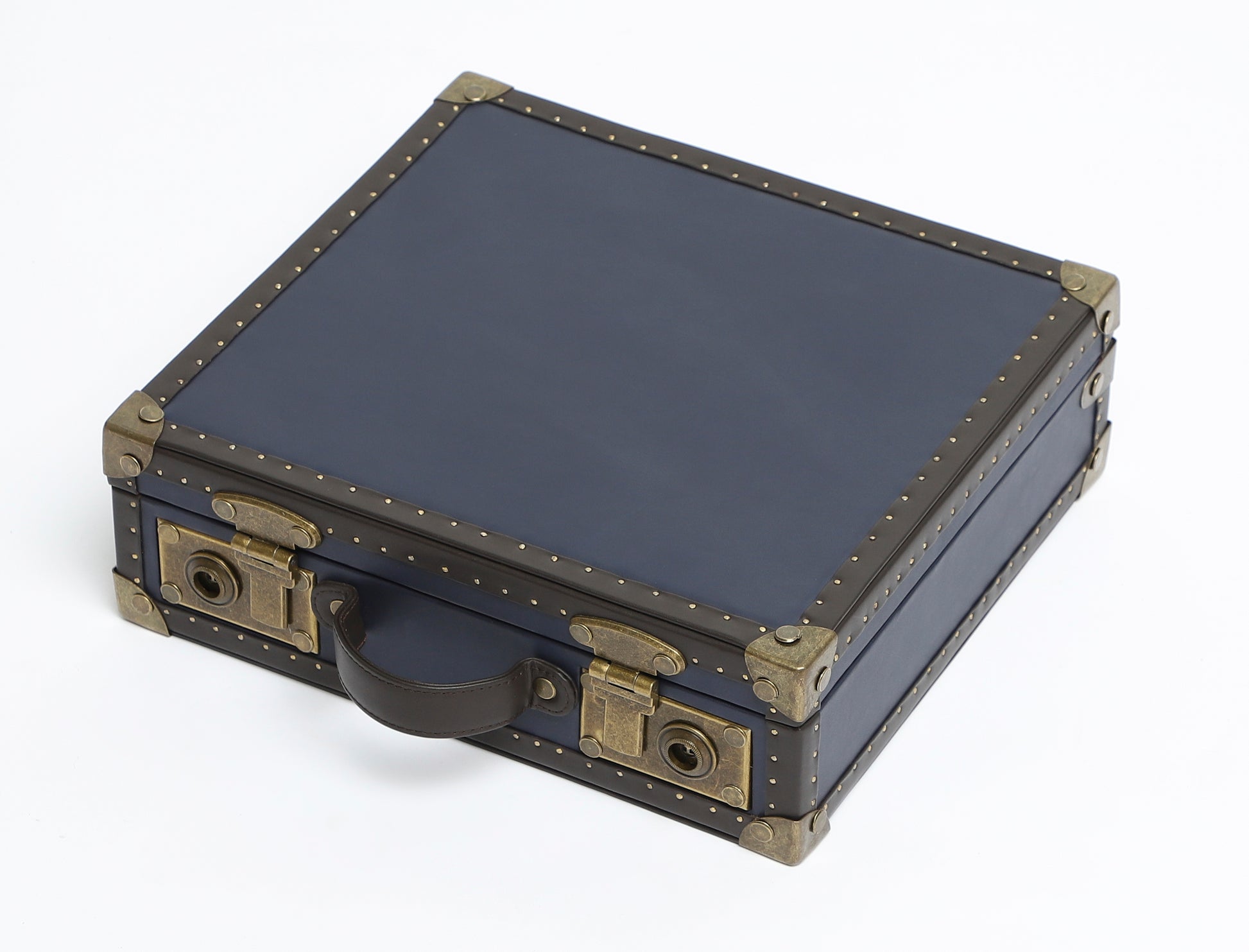 12-Slot Navy Blue Leather Watch Case – Quilted Suede Interior with Antique Brass Detailing