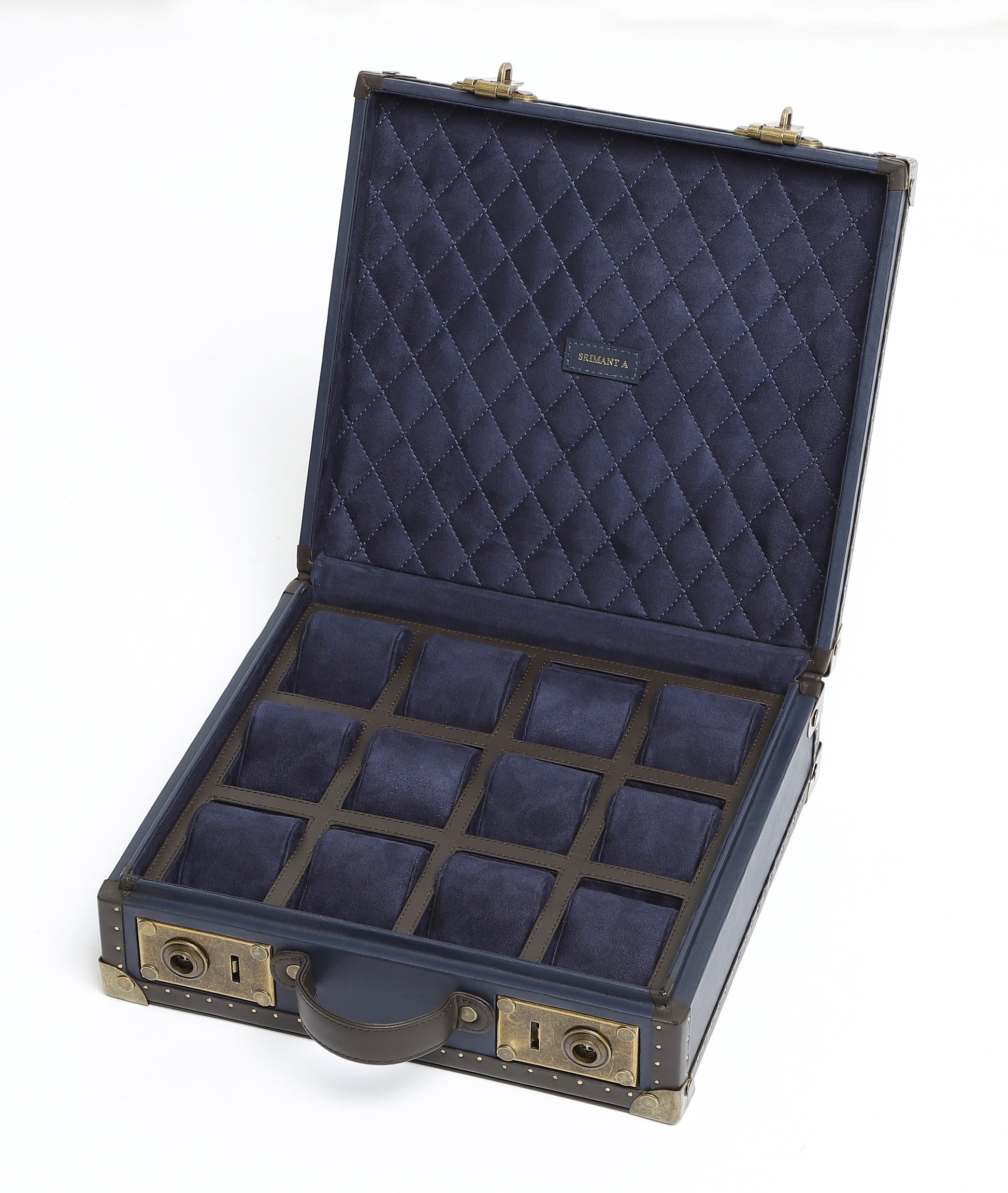 12-Slot Navy Blue Leather Watch Case – Quilted Suede Interior with Antique Brass Detailing