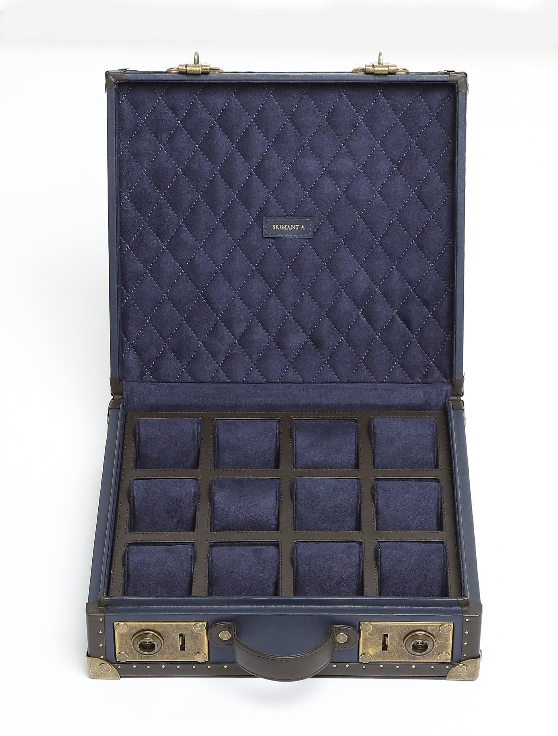 12-Slot Navy Blue Leather Watch Case – Quilted Suede Interior with Antique Brass Detailing