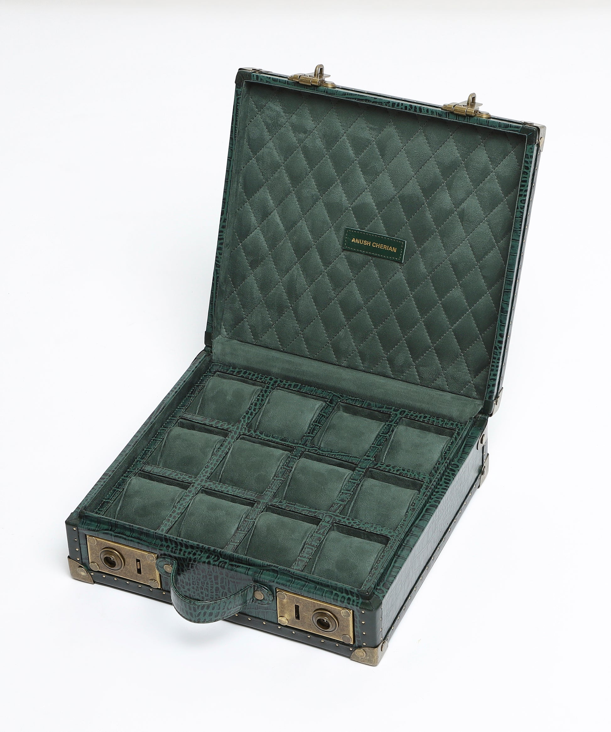 12-Slot Croc-Textured Leather Watch Case – Forest Green with Antique Brass Hardware