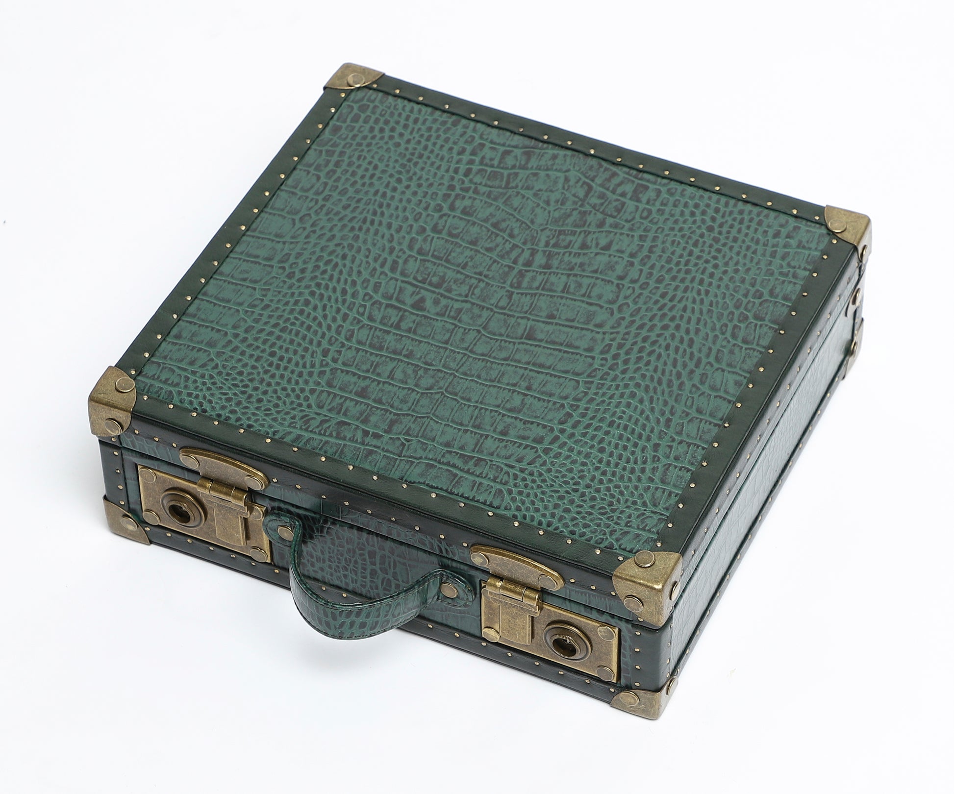 12-Slot Croc-Textured Leather Watch Case – Forest Green with Antique Brass Hardware