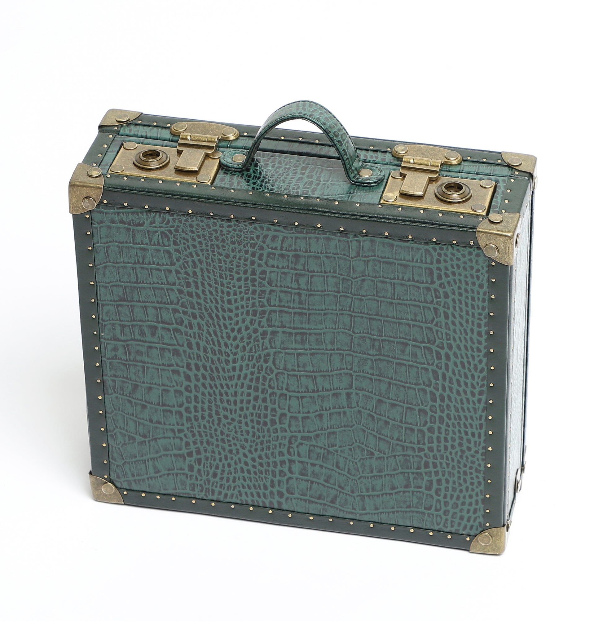 12-Slot Croc-Textured Leather Watch Case – Forest Green with Antique Brass Hardware