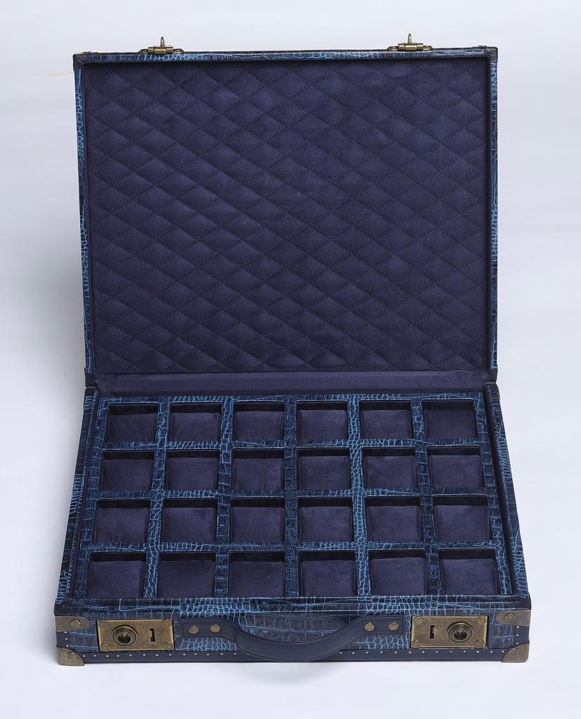 24-Slot Croc-Embossed Leather Watch Case – Midnight Blue with Antique Brass Accents