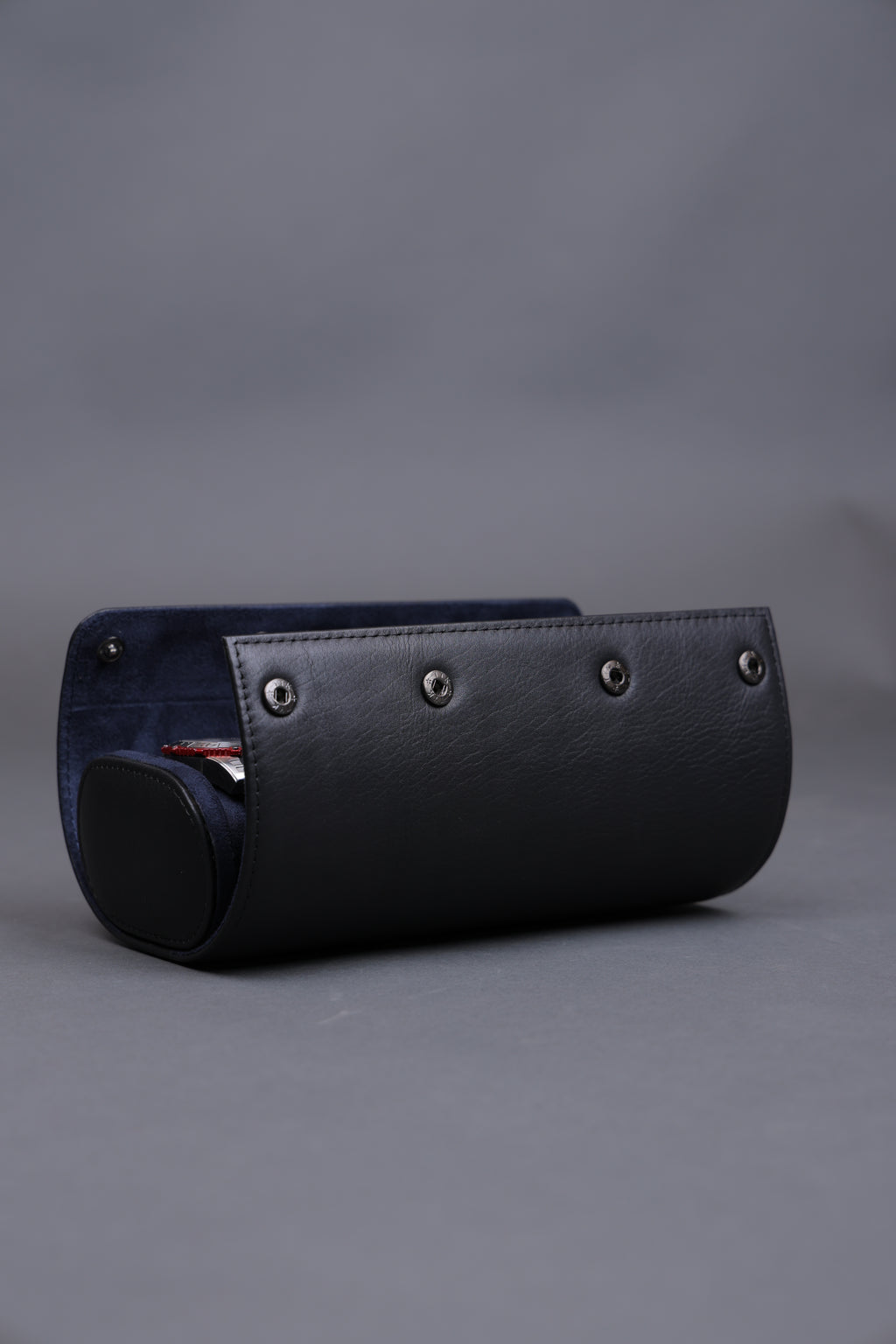 BLACK EXTERIOR AND NAVY SUEDE INTERIOR WATCH ROLL