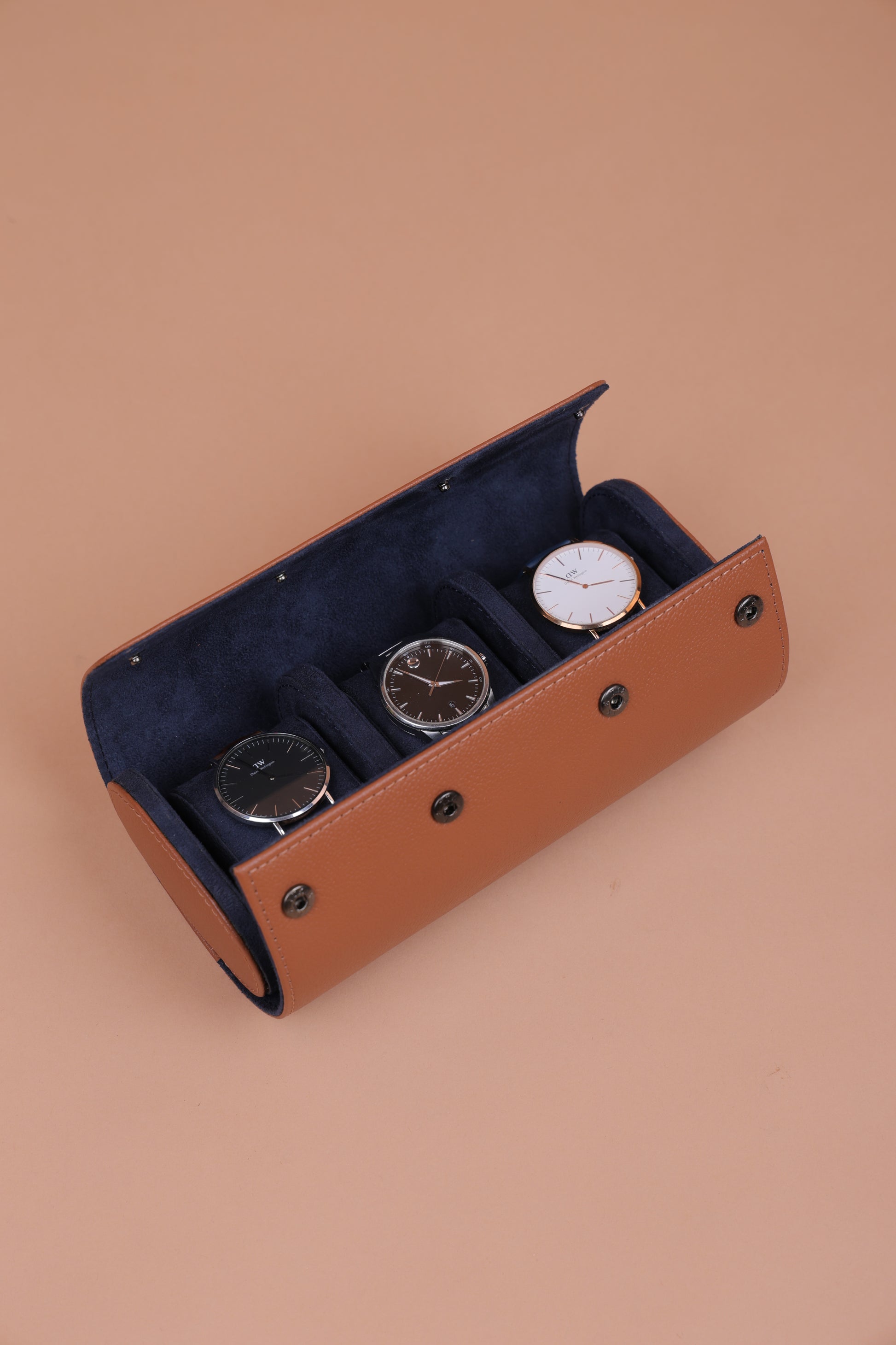 Tan Leather Watch Roll (3-Slot) – Navy Suede Interior