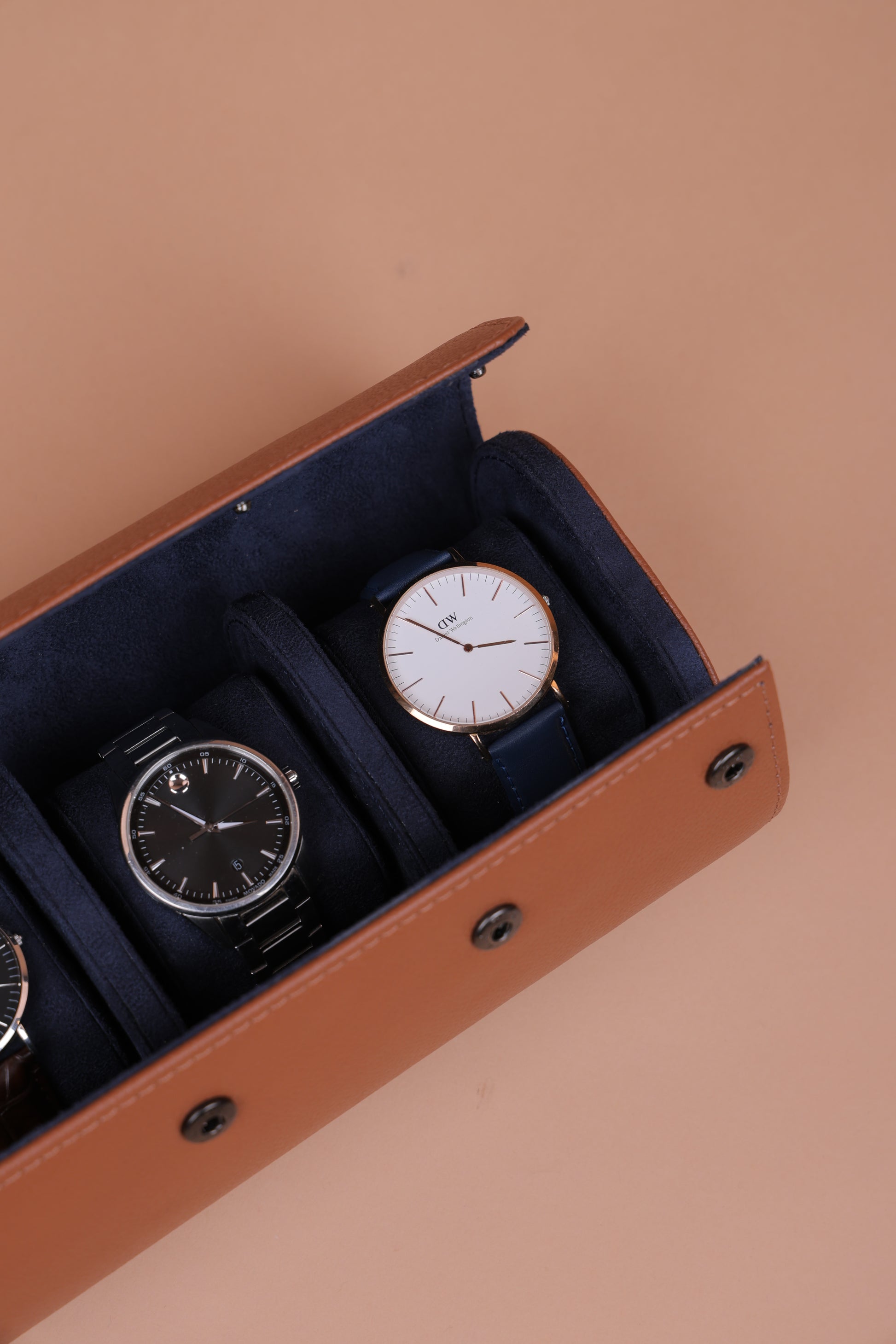 Tan Leather Watch Roll (3-Slot) – Navy Suede Interior