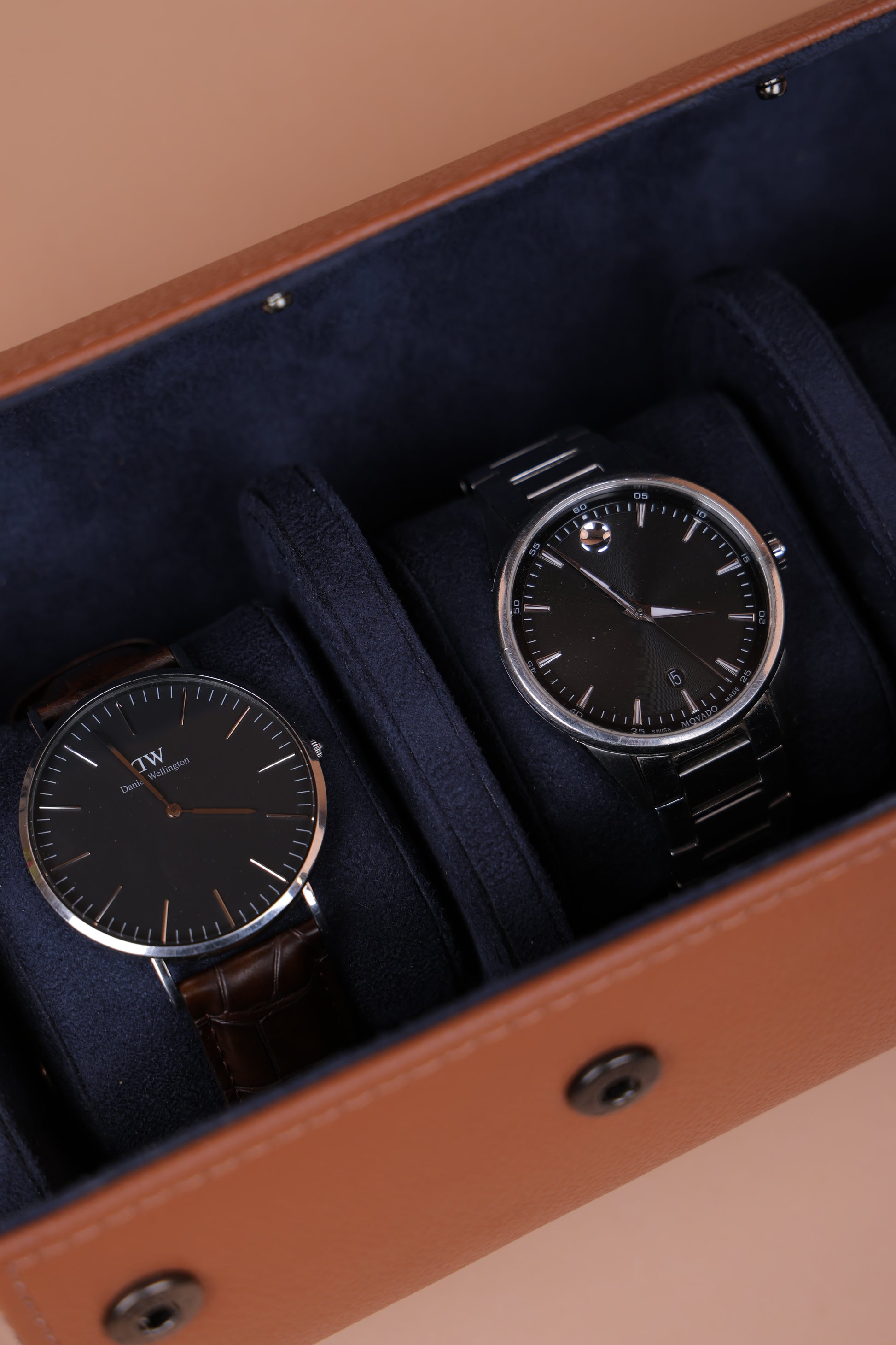 Tan Leather Watch Roll (3-Slot) – Navy Suede Interior