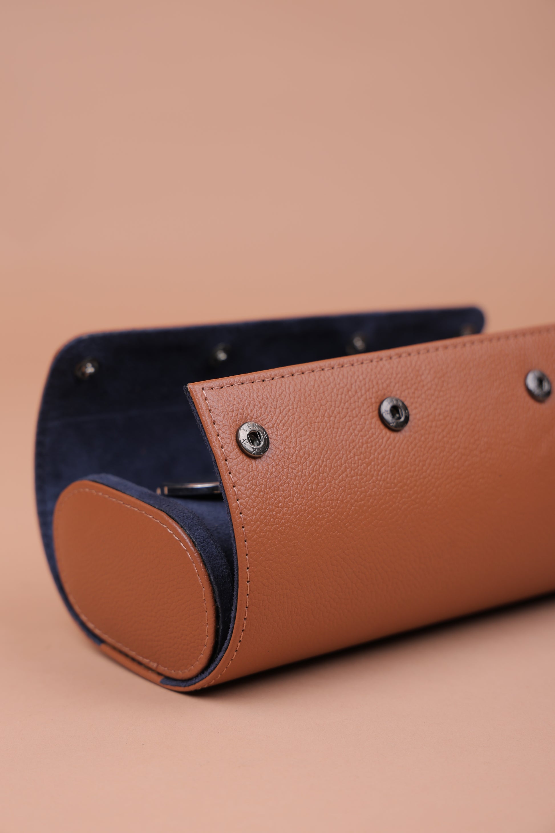 Tan Leather Watch Roll (3-Slot) – Navy Suede Interior