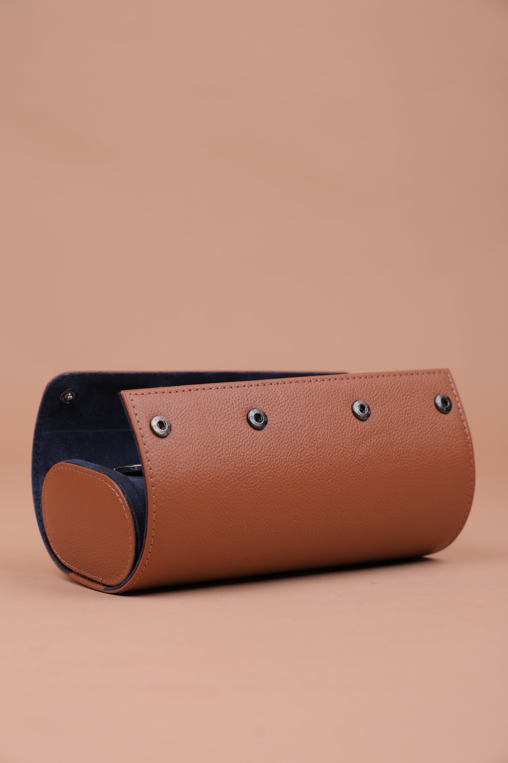 Tan Leather Watch Roll (3-Slot) – Navy Suede Interior