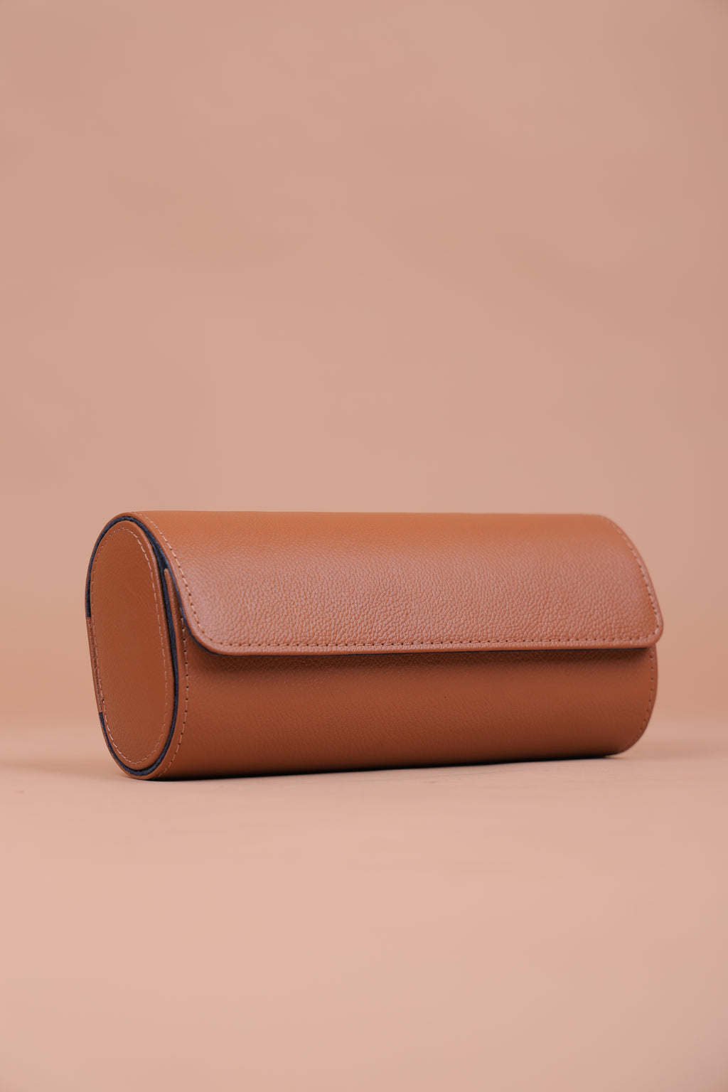 Tan Leather Watch Roll (3-Slot) – Navy Suede Interior