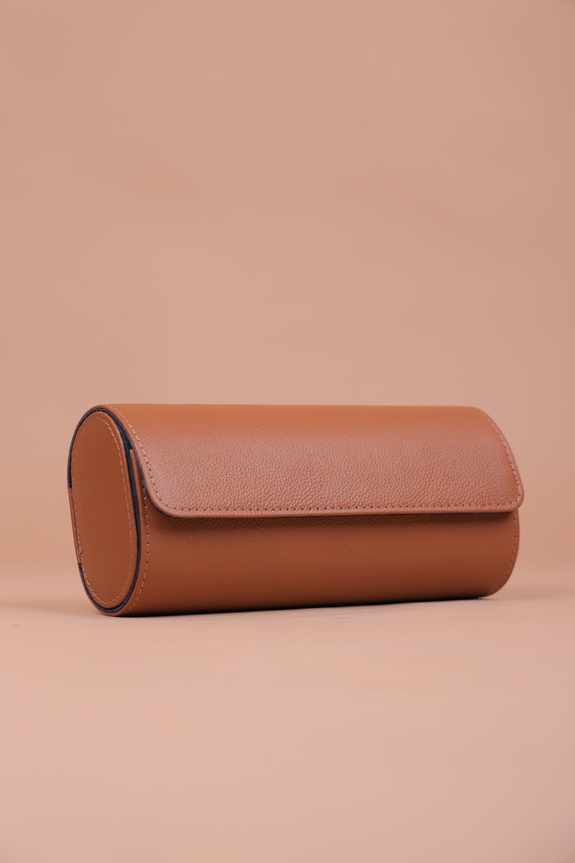Tan Leather Watch Roll (3-Slot) – Navy Suede Interior