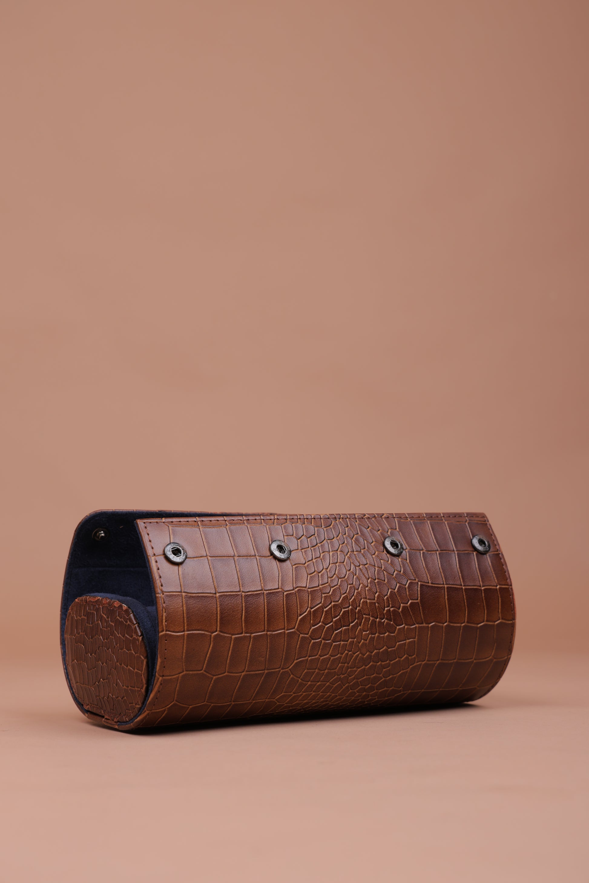 DARK CHOCO CROCO EXTERIOR NAVY INTERIOR WATCH ROLL-3 SLOT