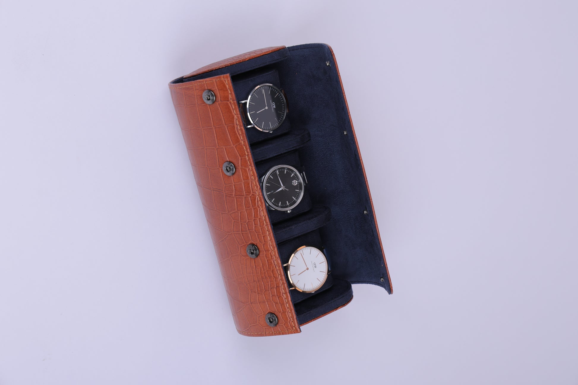 Cognac Croco Leather Watch Roll – 3 Slot Travel Case