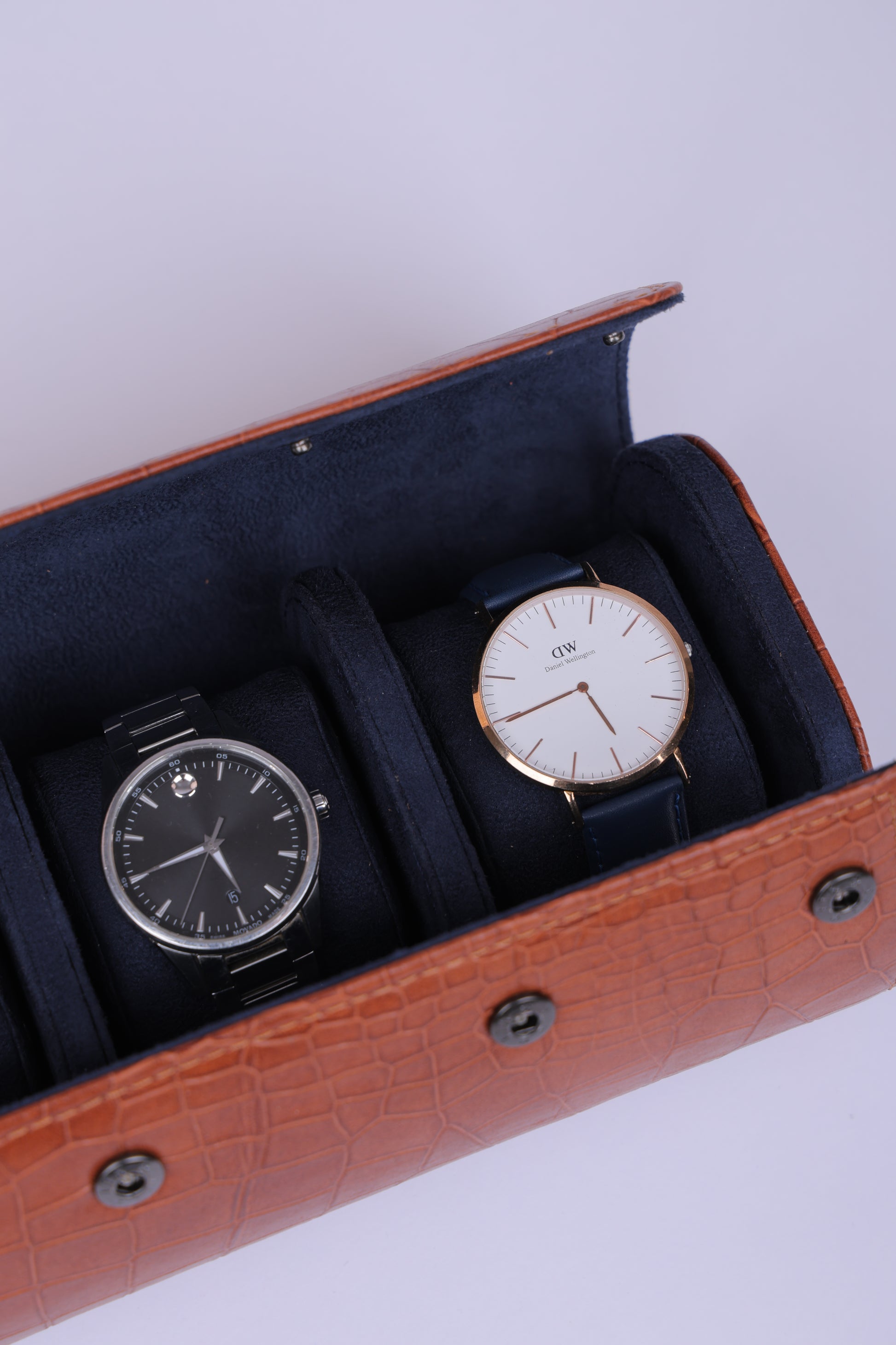 Cognac Croco Leather Watch Roll – 3 Slot Travel Case