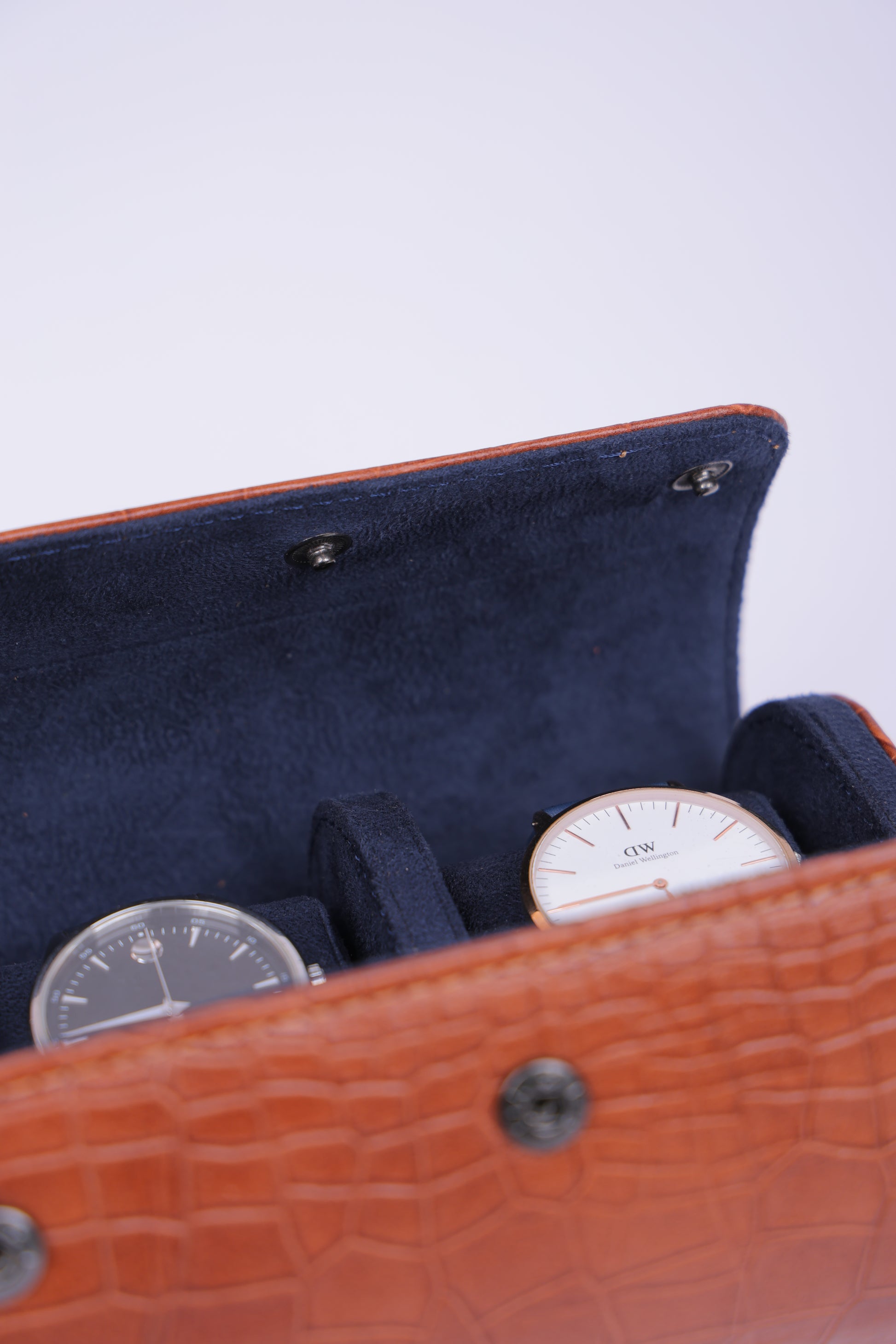 Cognac Croco Leather Watch Roll – 3 Slot Travel Case
