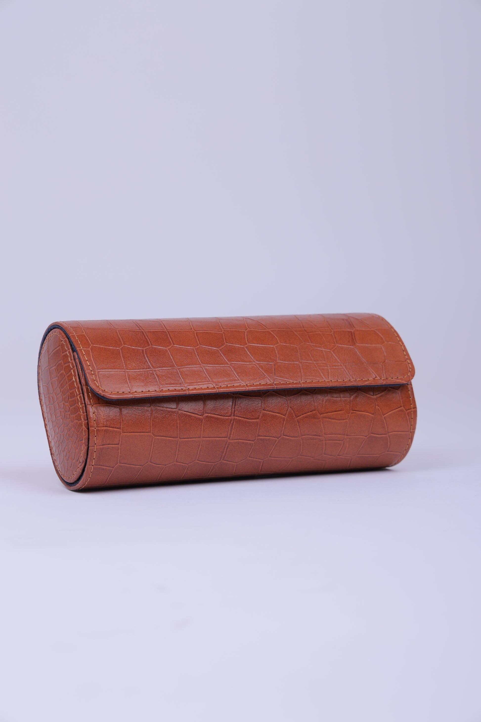 Cognac Croco Leather Watch Roll – 3 Slot Travel Case