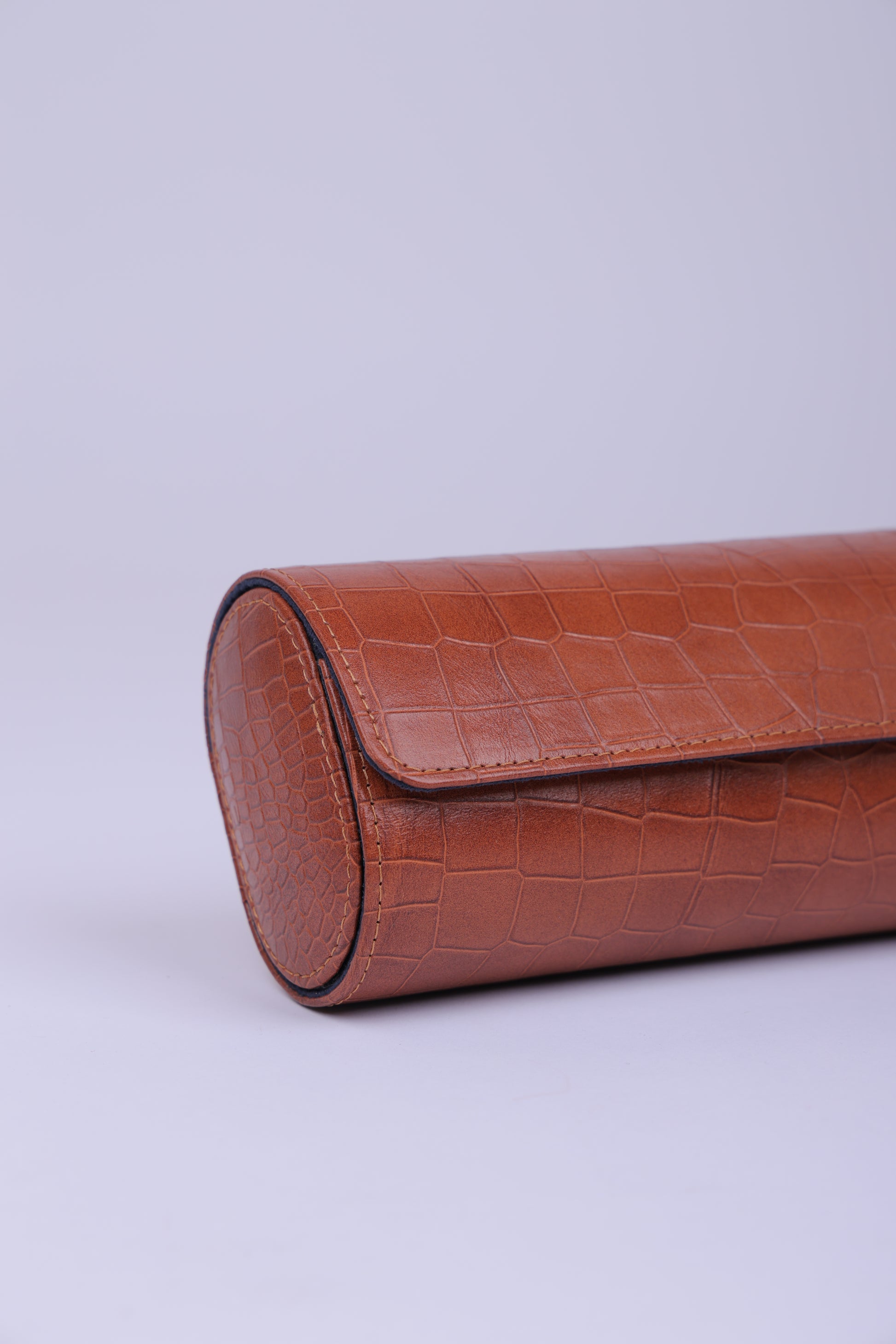 Cognac Croco Leather Watch Roll – 3 Slot Travel Case
