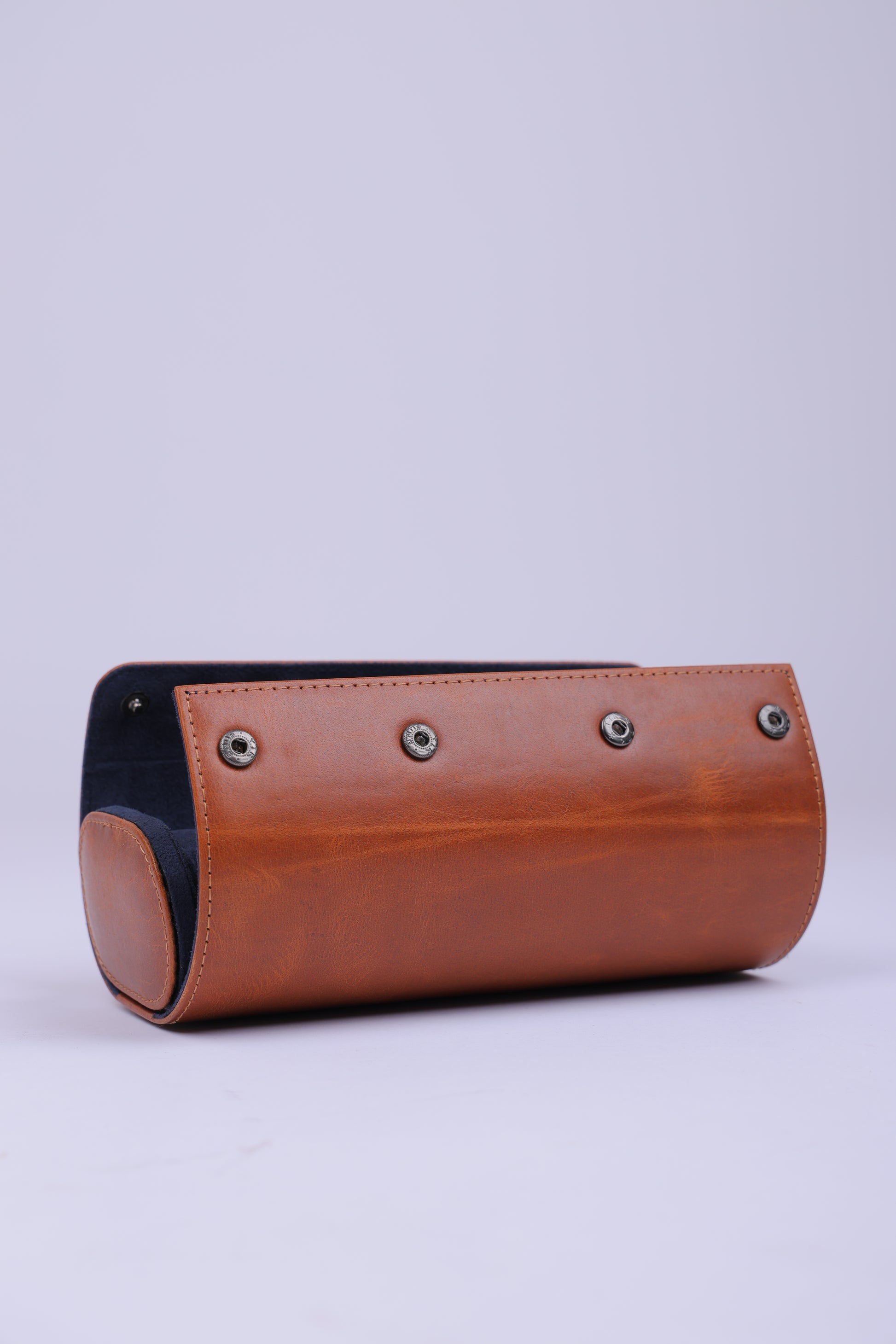 TAN EXTERIOR NAVY INTERIOR WATCH ROLL-3 SLOT