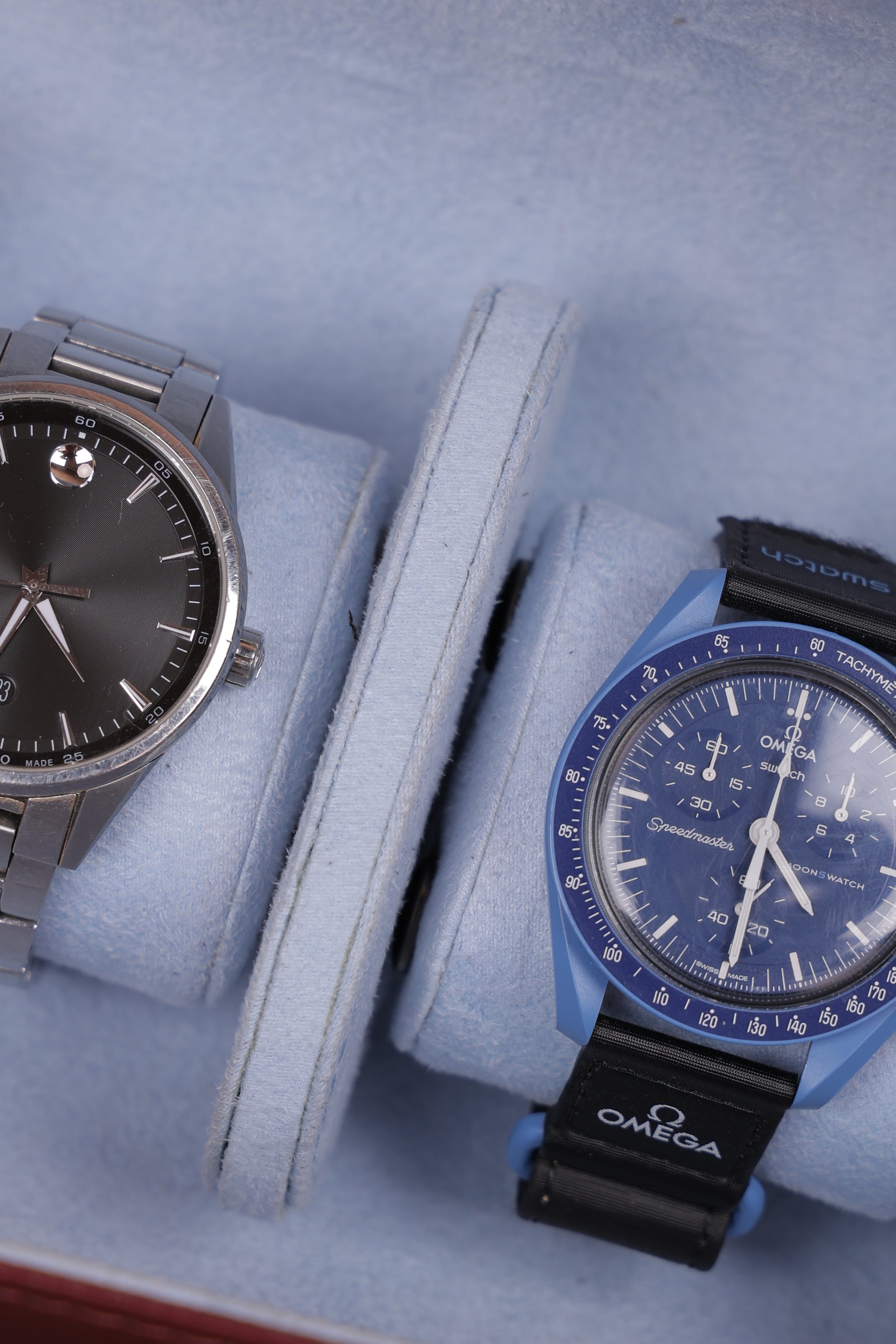 CHERRY EXTERIOR SKY BLUE INTERIOR WATCH ROLL- 3 SLOT