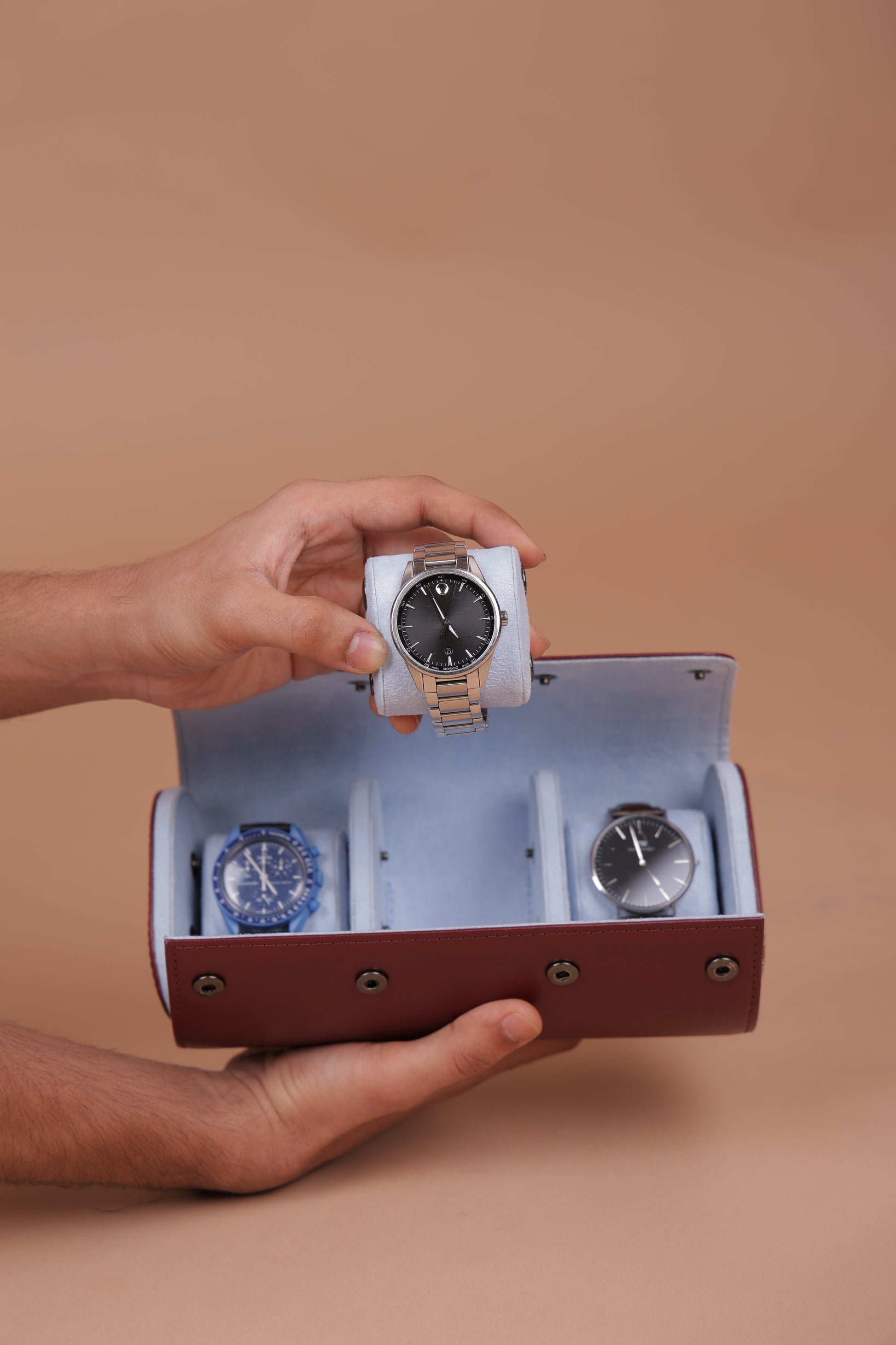 CHERRY EXTERIOR SKY BLUE INTERIOR WATCH ROLL- 3 SLOT