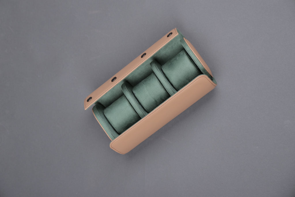 BEIGE EXTERIOR GREEN INTERIOR WATCH ROLL- 3 SLOT