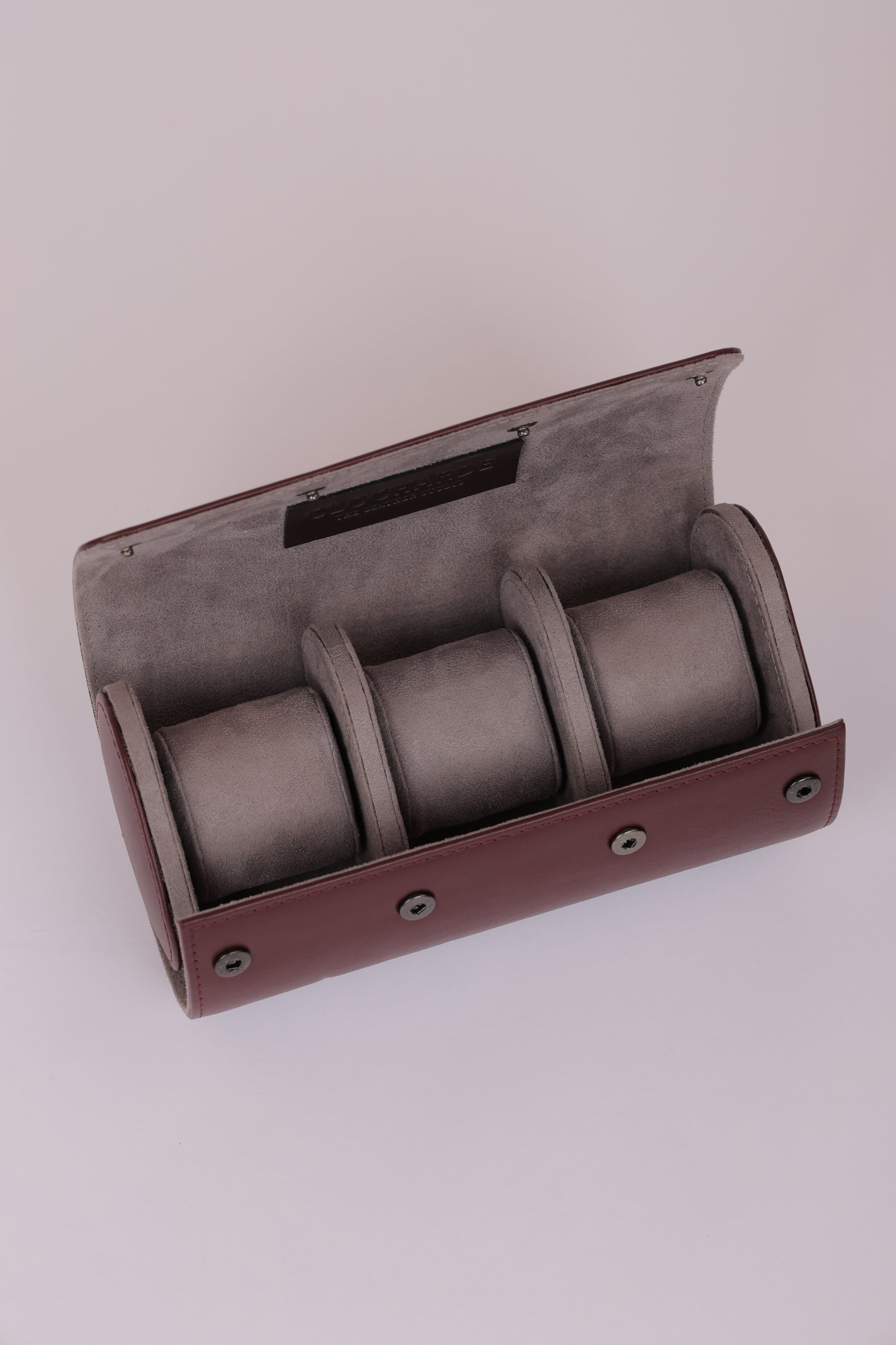 Burgundy Leather 3-Slot Watch Roll with Grey Interior