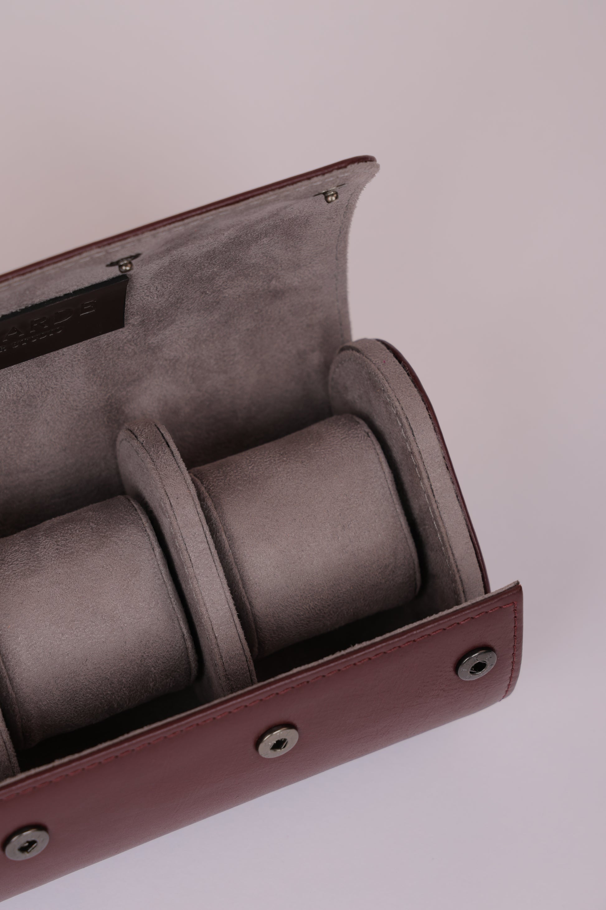 Burgundy Leather 3-Slot Watch Roll with Grey Interior