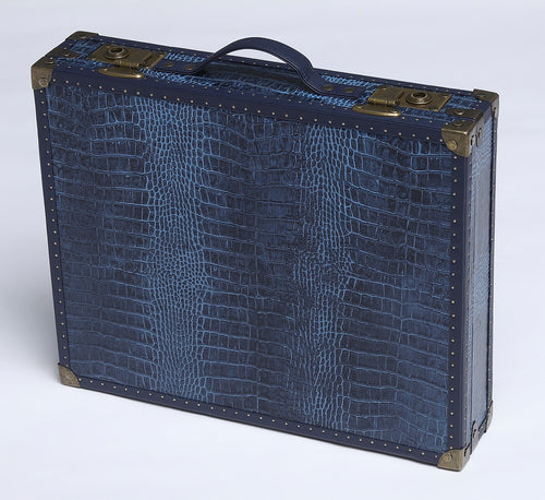 24-Slot Croc-Embossed Leather Watch Case – Midnight Blue with Antique Brass Accents