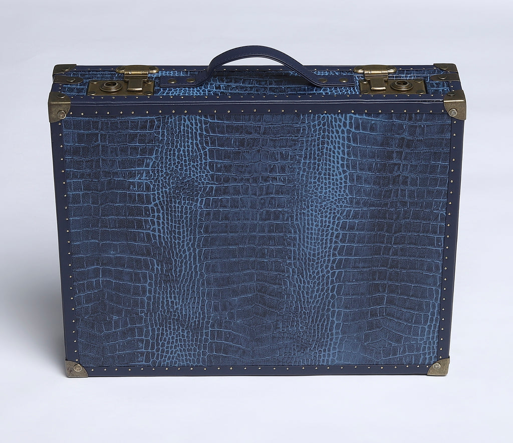 24-Slot Croc-Embossed Leather Watch Case – Midnight Blue with Antique Brass Accents