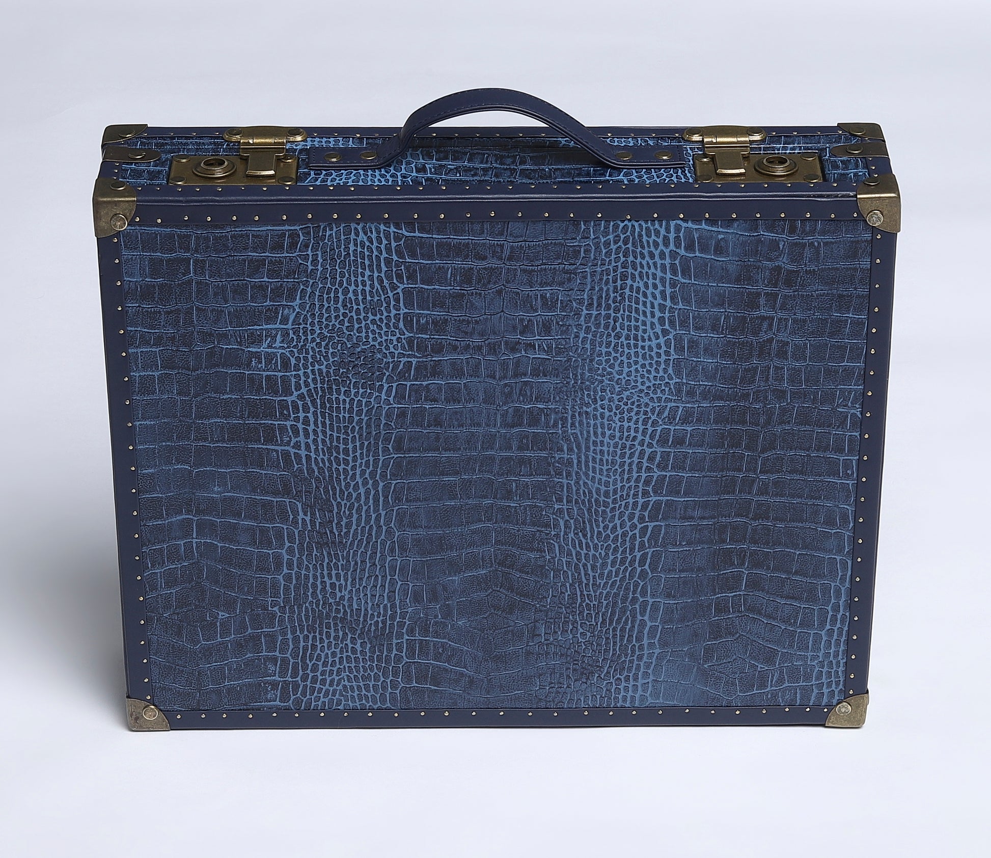 24-Slot Croc-Embossed Leather Watch Case – Midnight Blue with Antique Brass Accents