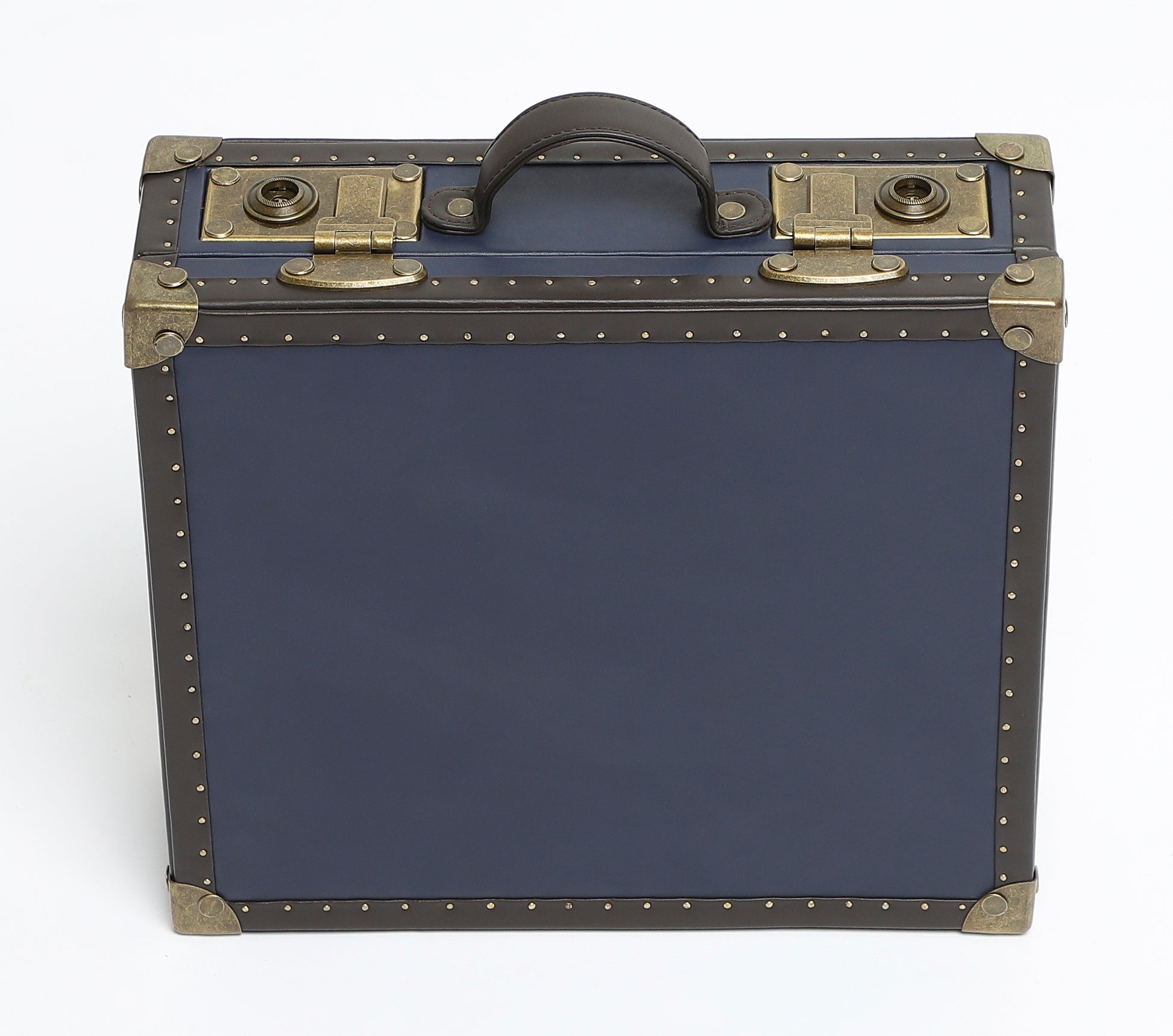 12-Slot Navy Blue Leather Watch Case – Quilted Suede Interior with Antique Brass Detailing