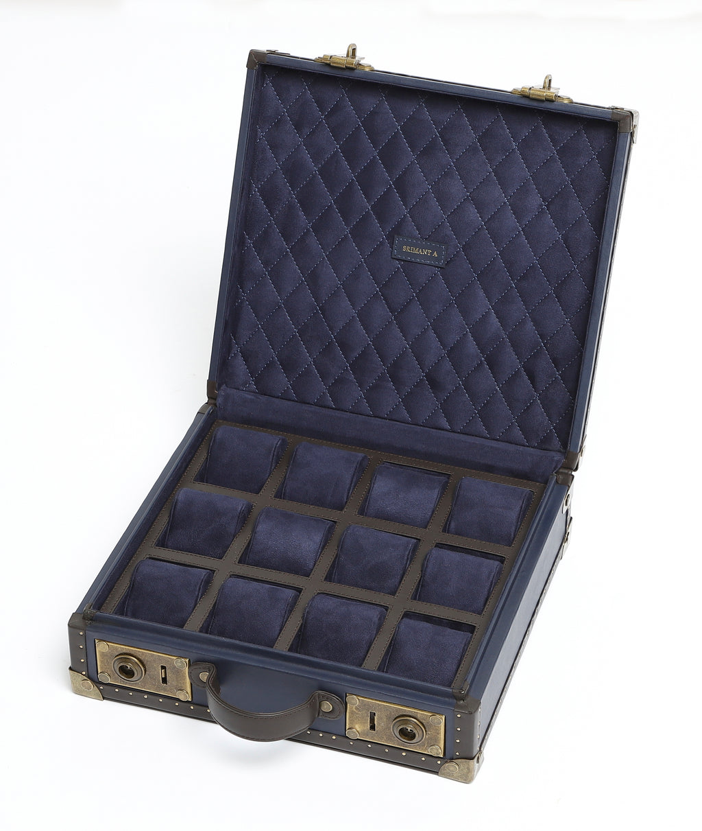 12-Slot Navy Blue Leather Watch Case – Quilted Suede Interior with Antique Brass Detailing