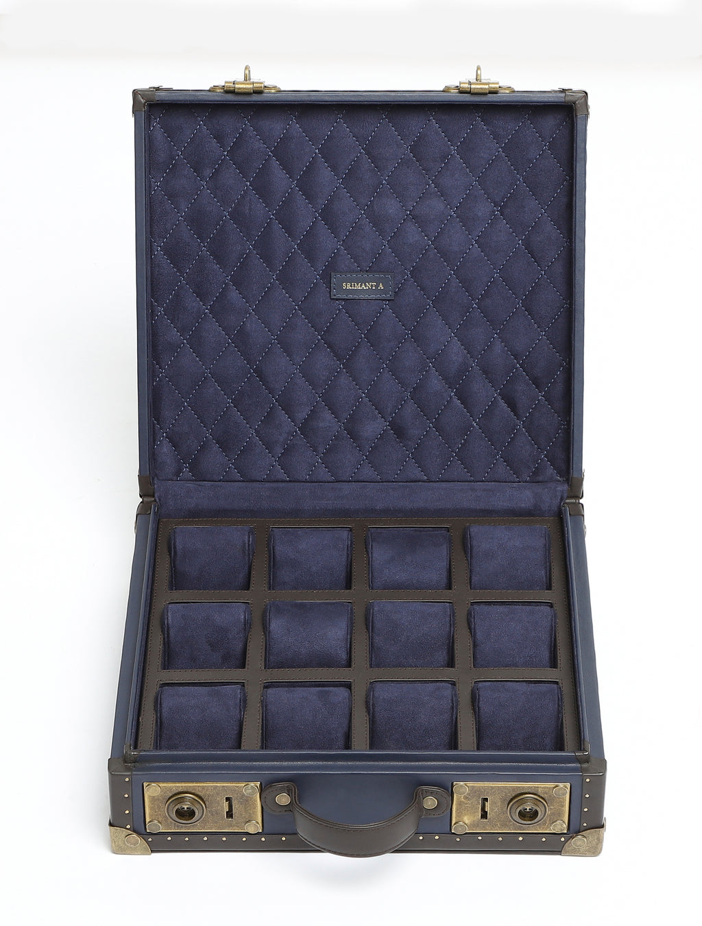 12-Slot Navy Blue Leather Watch Case – Quilted Suede Interior with Antique Brass Detailing