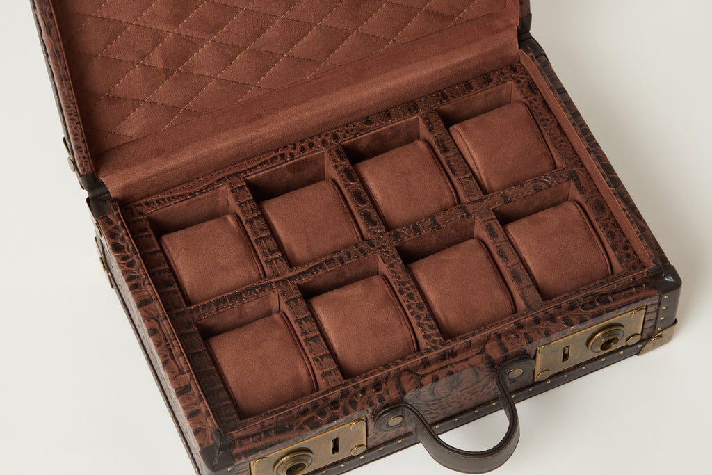 Croc-Embossed 8-Slot Leather Watch Box with Brass Detailing