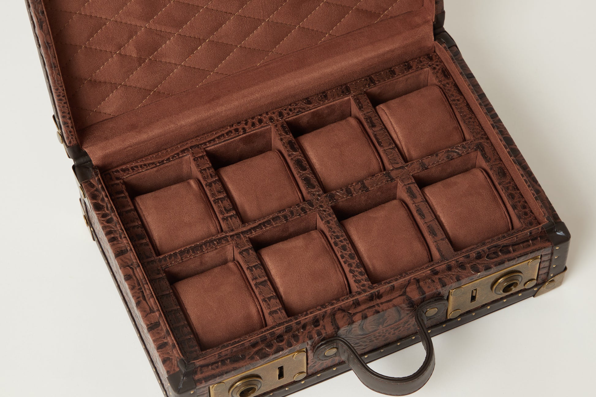 Croc-Embossed 8-Slot Leather Watch Box with Brass Detailing