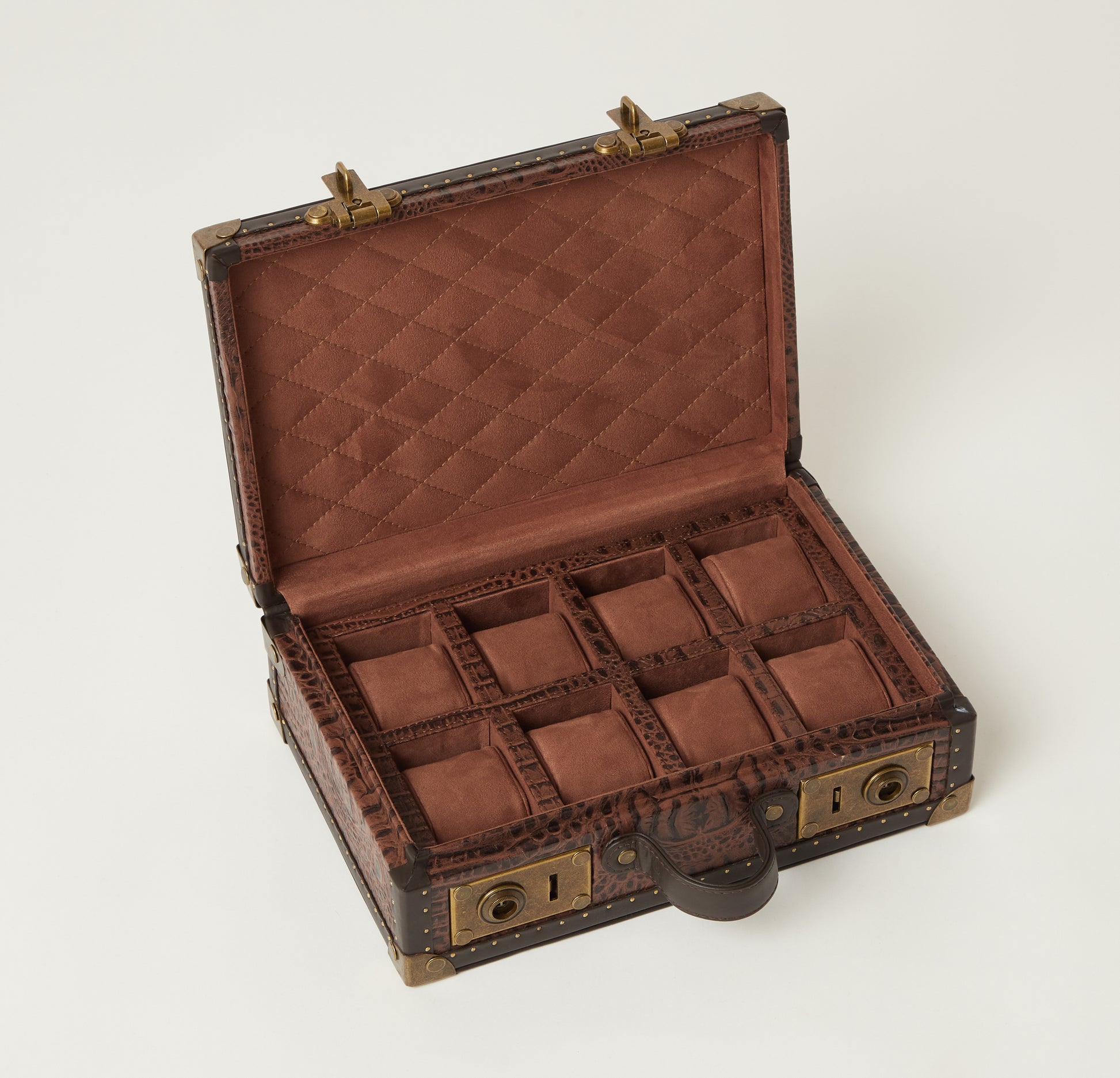 Croc-Embossed 8-Slot Leather Watch Box with Brass Detailing