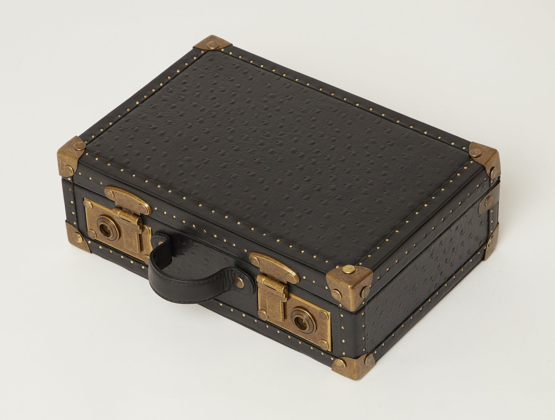 Ostrich-Embossed 8-Slot Black Leather Watch Box with Antique Brass Accents