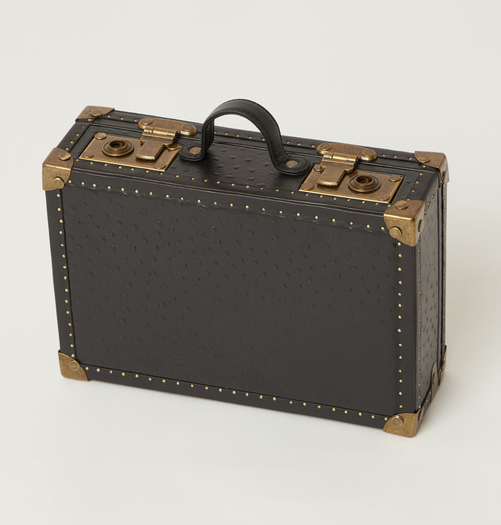 Ostrich-Embossed 8-Slot Black Leather Watch Box with Antique Brass Accents
