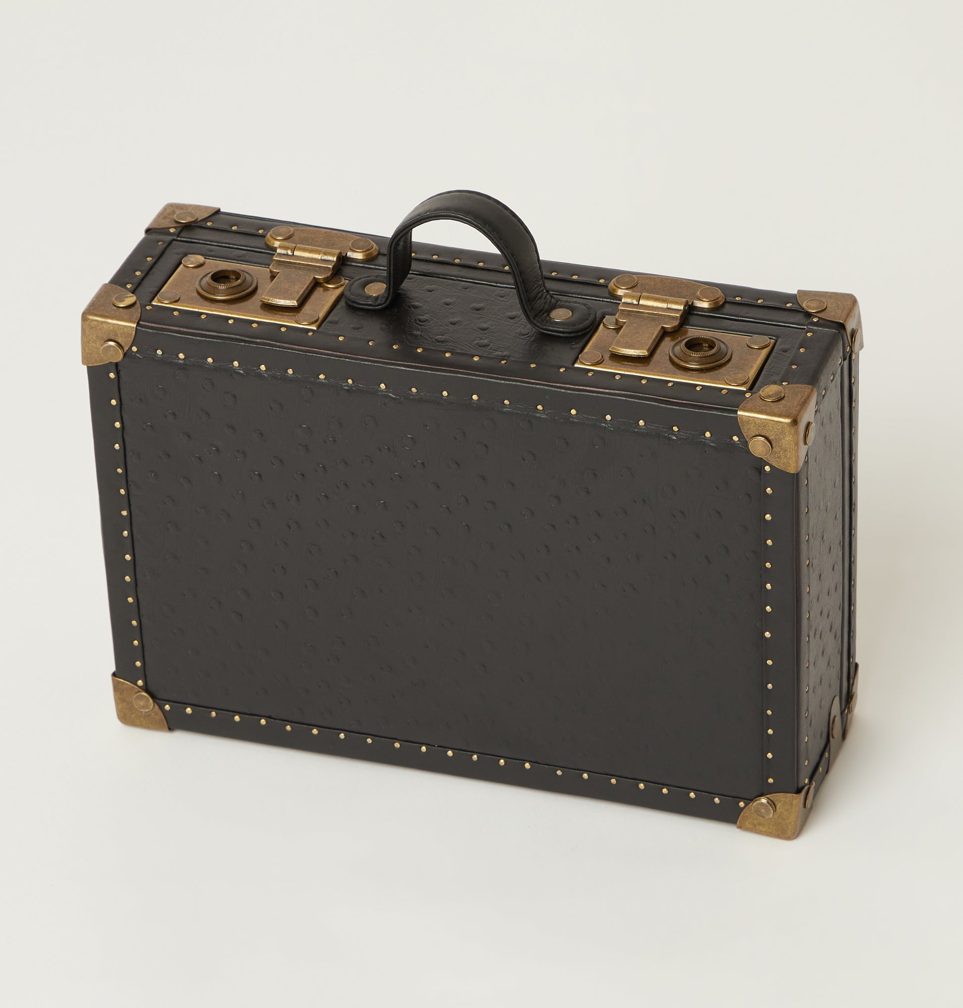 Ostrich-Embossed 8-Slot Black Leather Watch Box with Antique Brass Accents