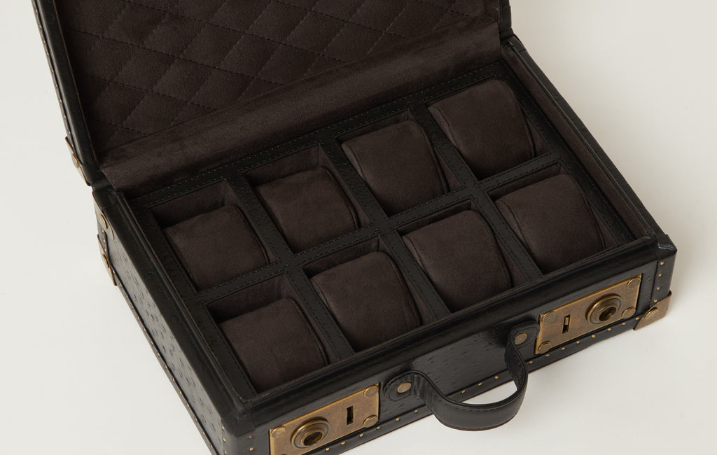 Ostrich-Embossed 8-Slot Black Leather Watch Box with Antique Brass Accents