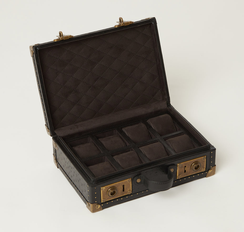 Ostrich-Embossed 8-Slot Black Leather Watch Box with Antique Brass Accents