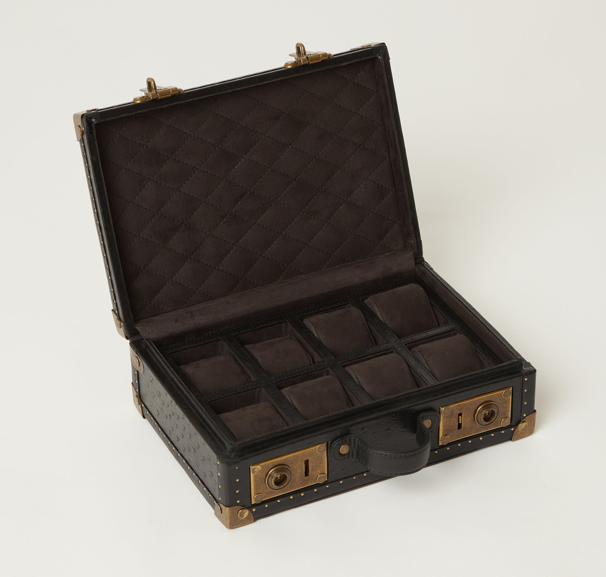 Ostrich-Embossed 8-Slot Black Leather Watch Box with Antique Brass Accents