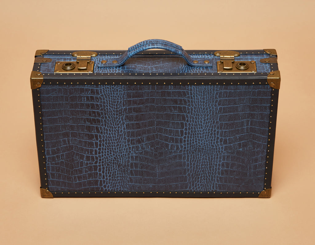 Blue Croc-Embossed Leather 18-Slot Watch Trunk with Burnt Sienna Suede Interior