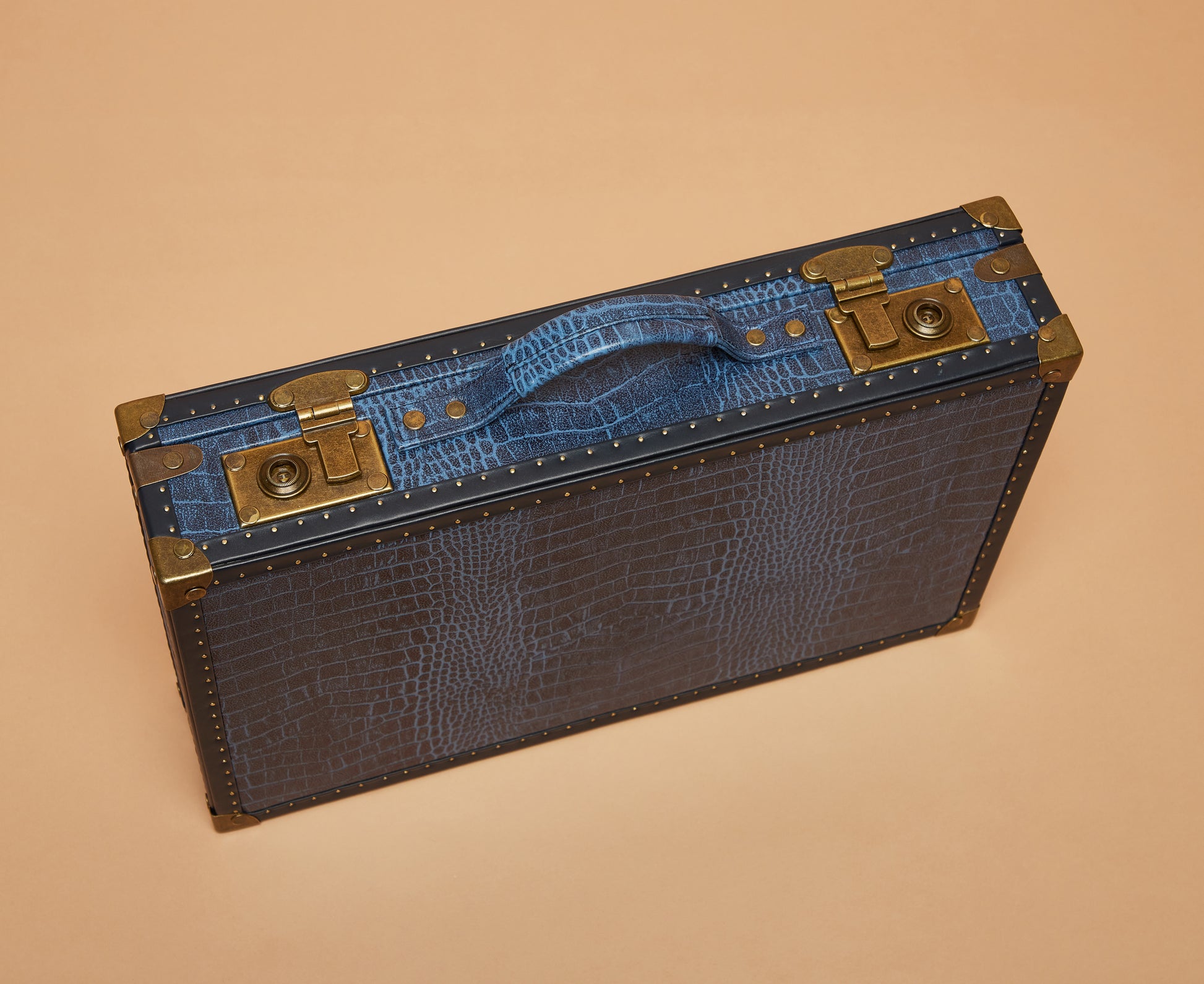 Blue Croc-Embossed Leather 18-Slot Watch Trunk with Burnt Sienna Suede Interior
