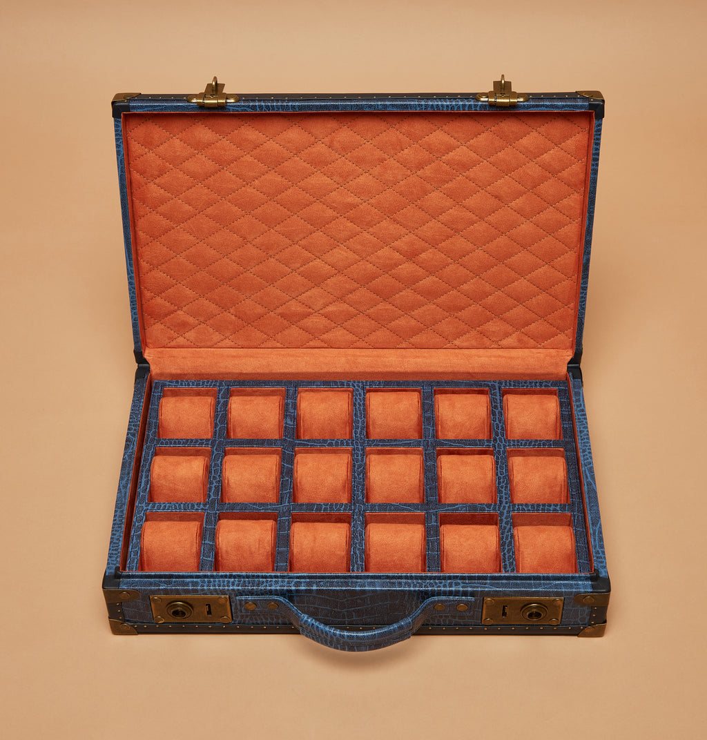 Blue Croc-Embossed Leather 18-Slot Watch Trunk with Burnt Sienna Suede Interior